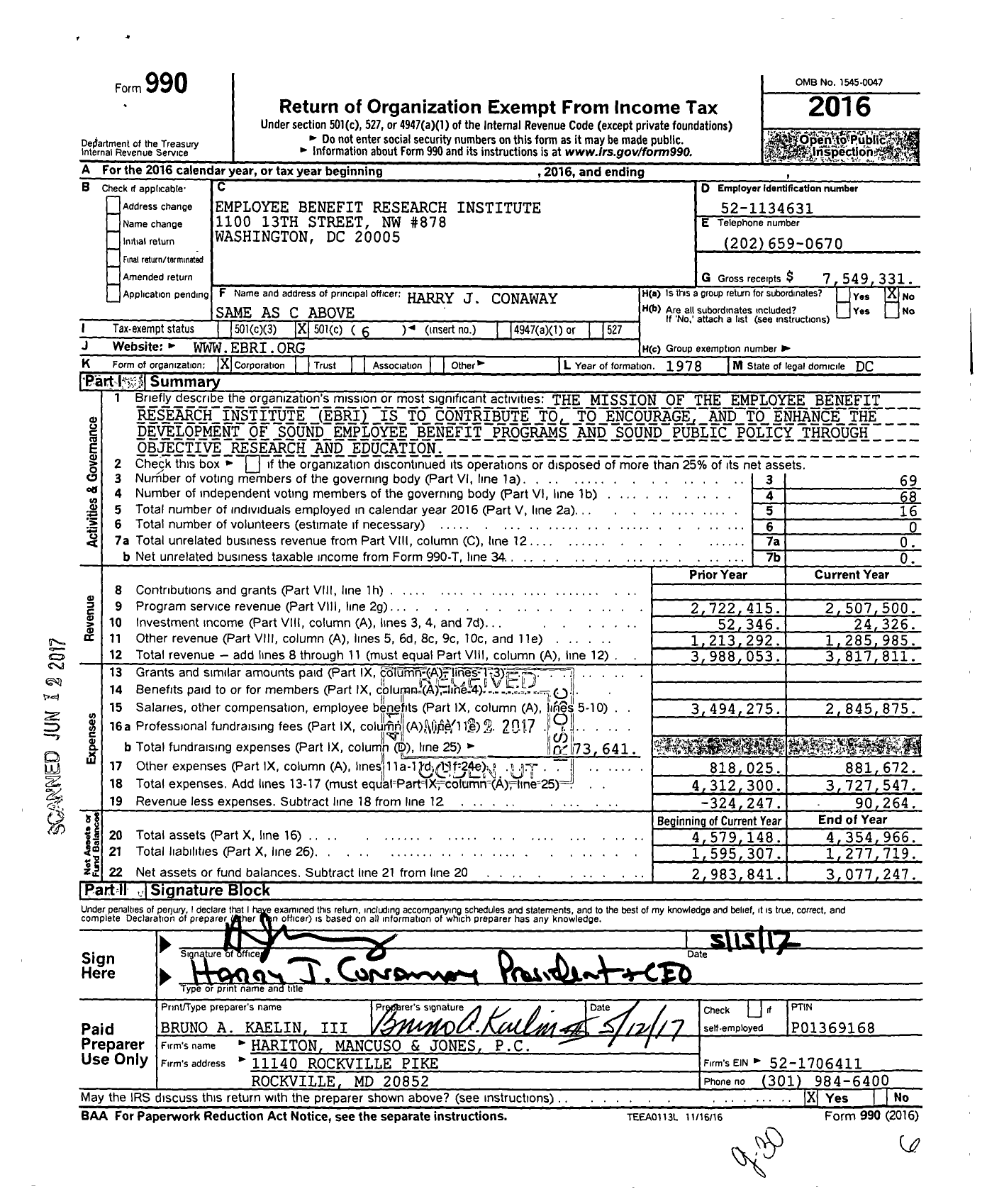 Image of first page of 2016 Form 990O for Employee Benefit Research Institute (EBRI)