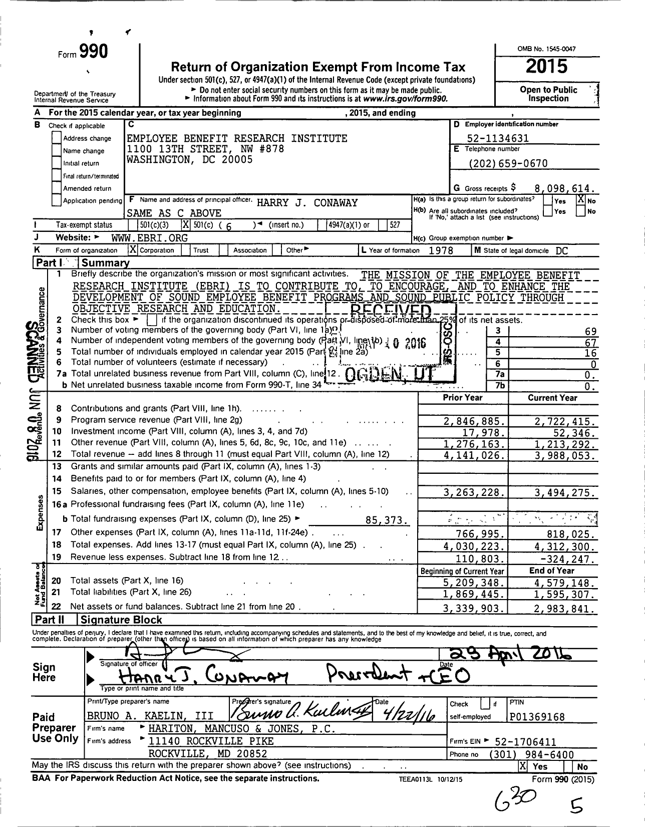 Image of first page of 2015 Form 990O for Employee Benefit Research Institute (EBRI)