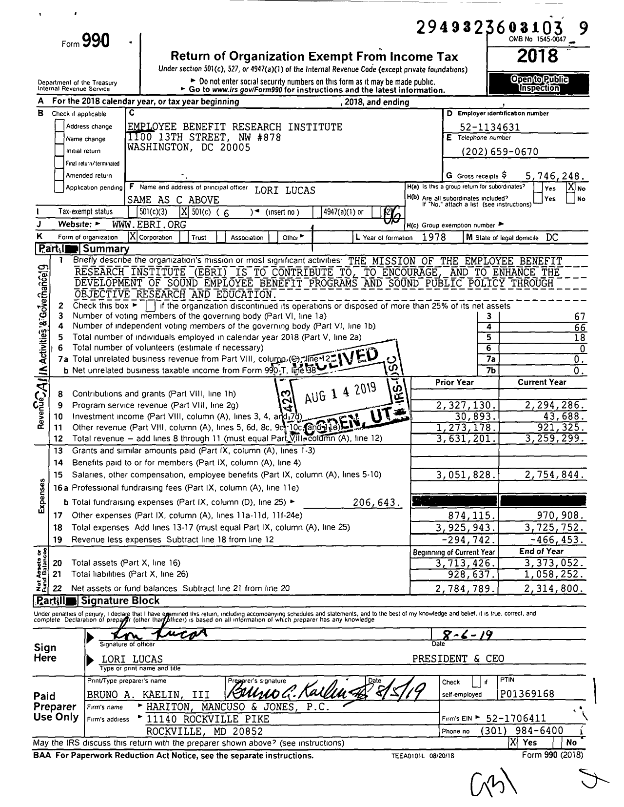 Image of first page of 2018 Form 990O for Employee Benefit Research Institute (EBRI)