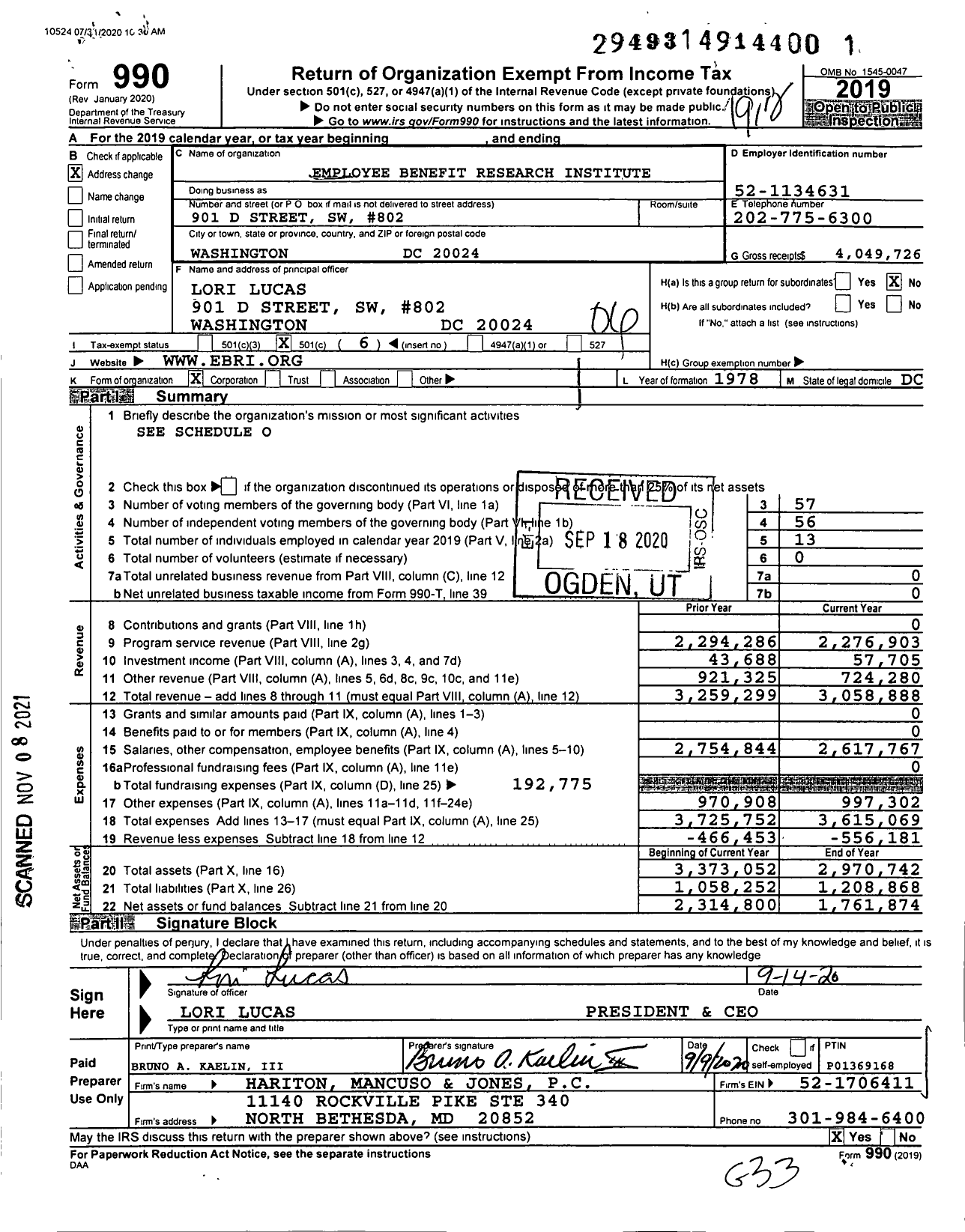 Image of first page of 2019 Form 990O for Employee Benefit Research Institute (EBRI)