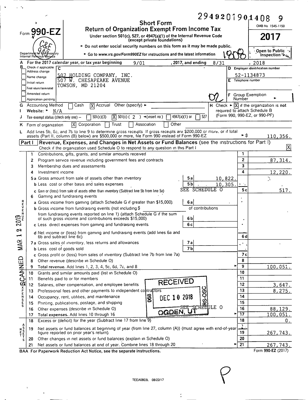 Image of first page of 2017 Form 990EO for 507 Holding Company