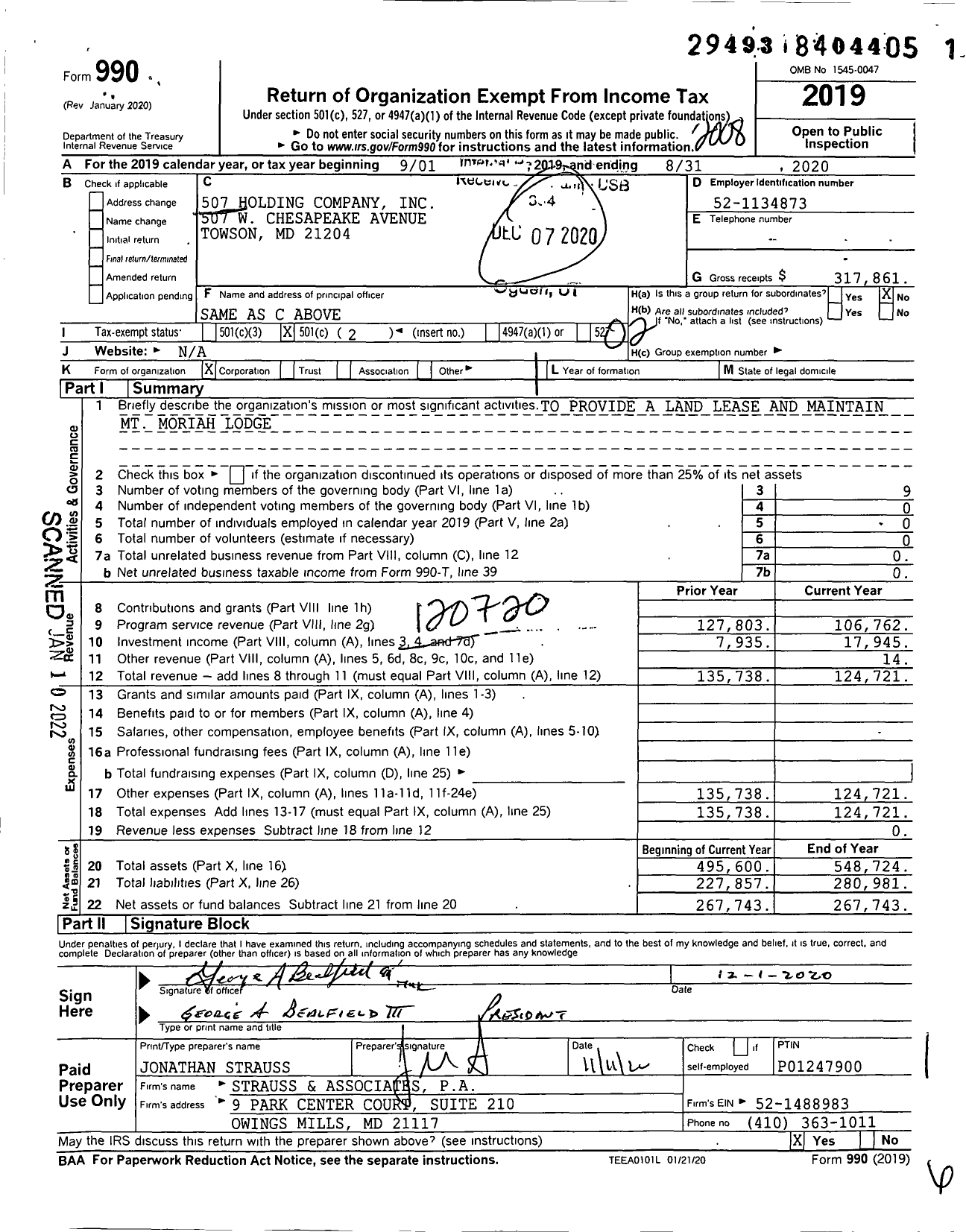 Image of first page of 2019 Form 990O for 507 Holding Company