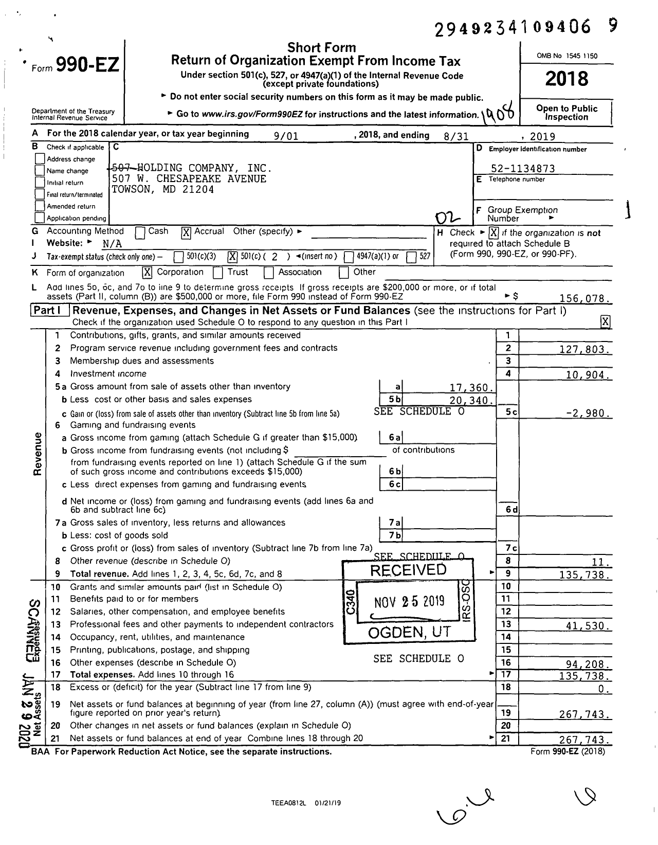 Image of first page of 2018 Form 990EO for 507 Holding Company