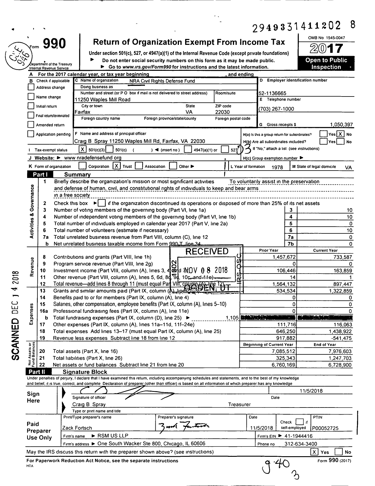 Image of first page of 2017 Form 990 for Nra Civil Rights Defense Fund