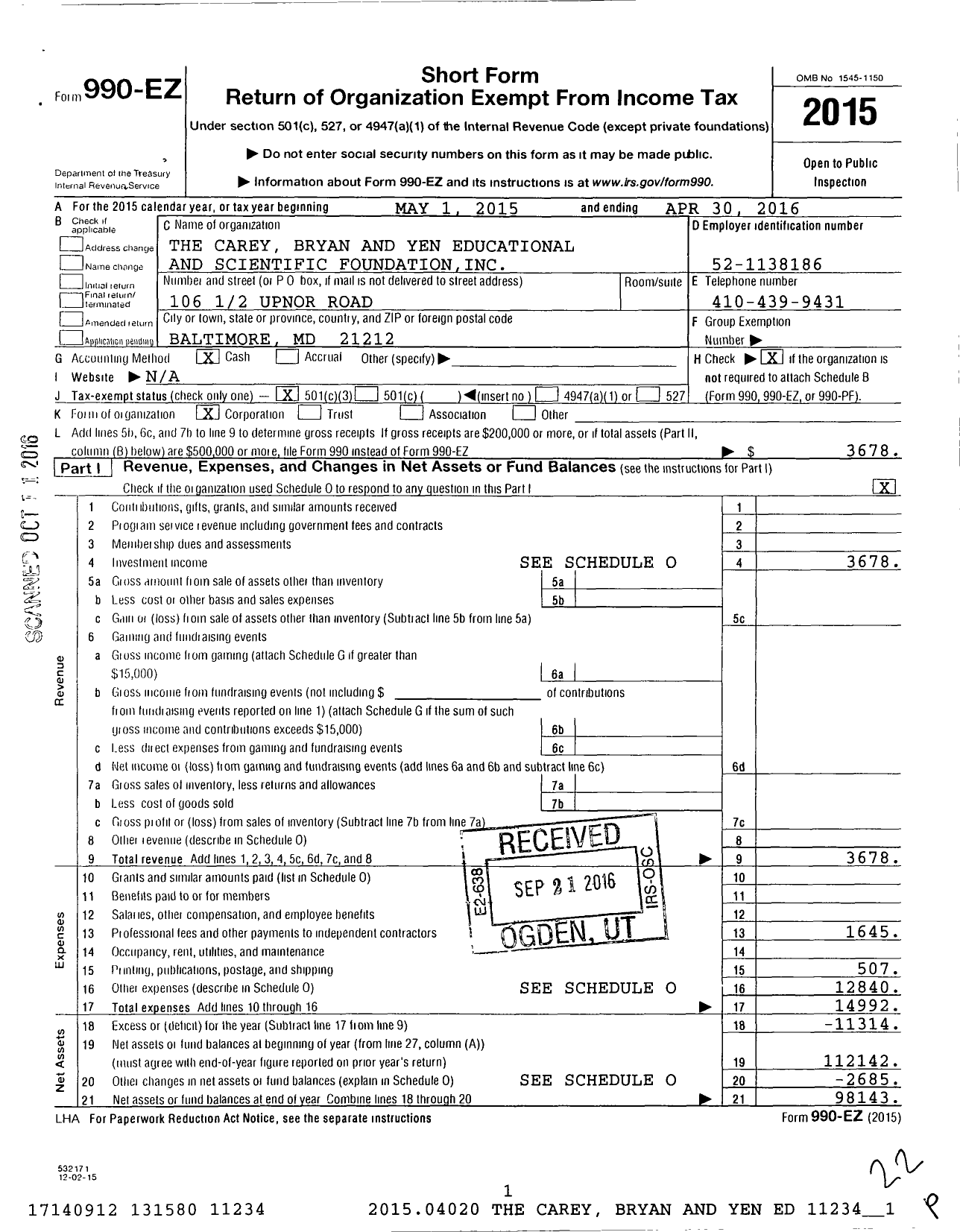 Image of first page of 2015 Form 990EZ for Carey Bryan and Yen Educational and Scientific Foundation