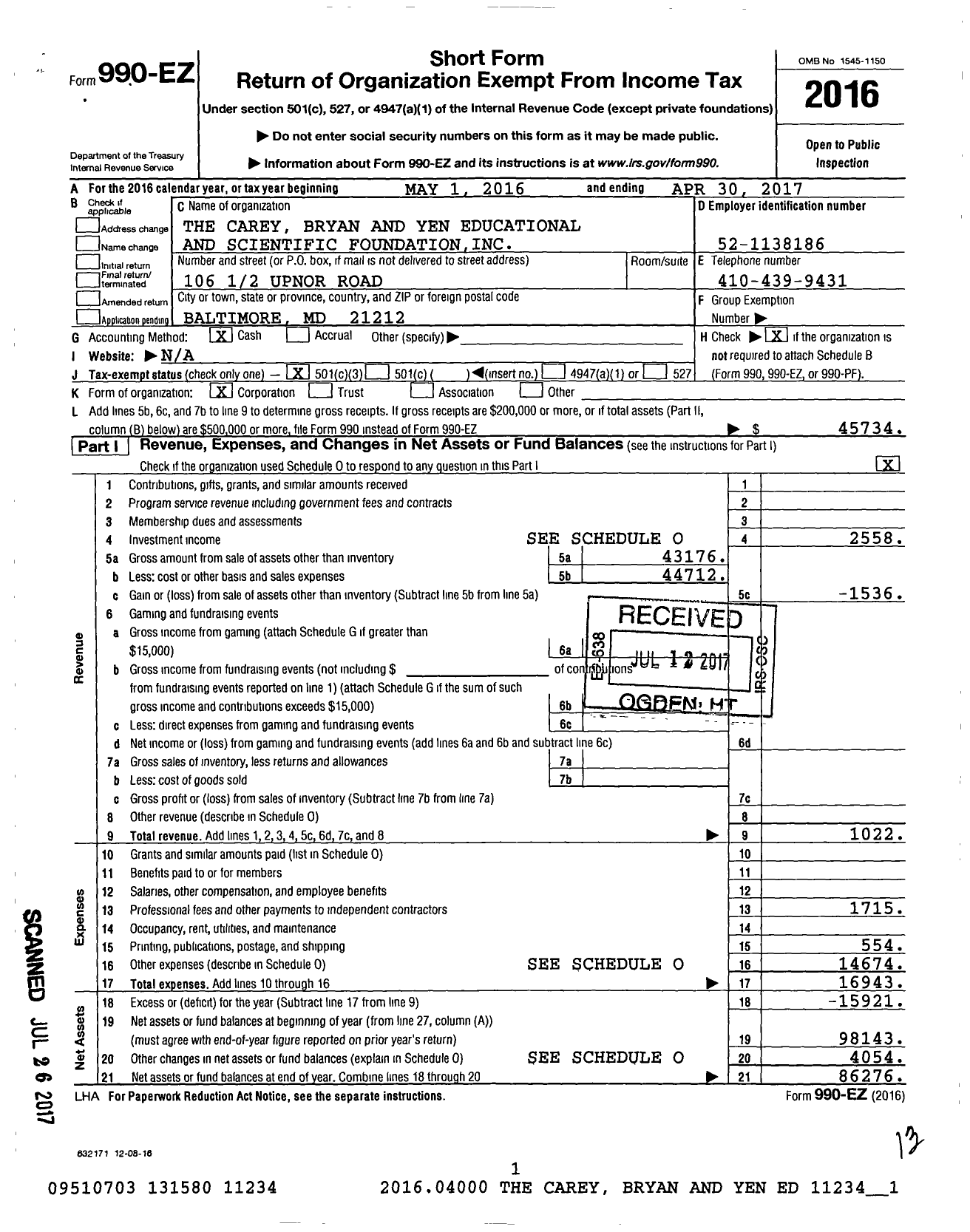 Image of first page of 2016 Form 990EZ for Carey Bryan and Yen Educational and Scientific Foundation