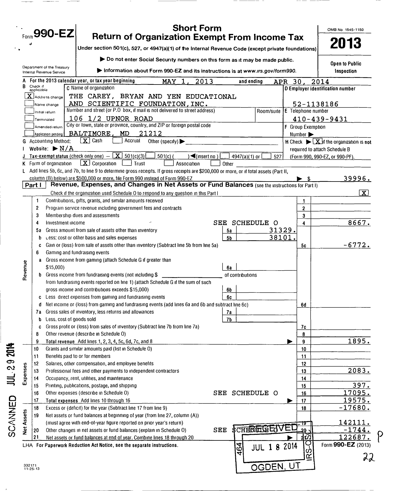 Image of first page of 2013 Form 990EZ for Carey Bryan and Yen Educational and Scientific Foundation