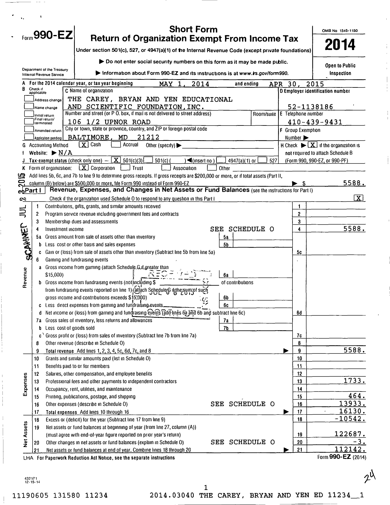 Image of first page of 2014 Form 990EZ for Carey Bryan and Yen Educational and Scientific Foundation