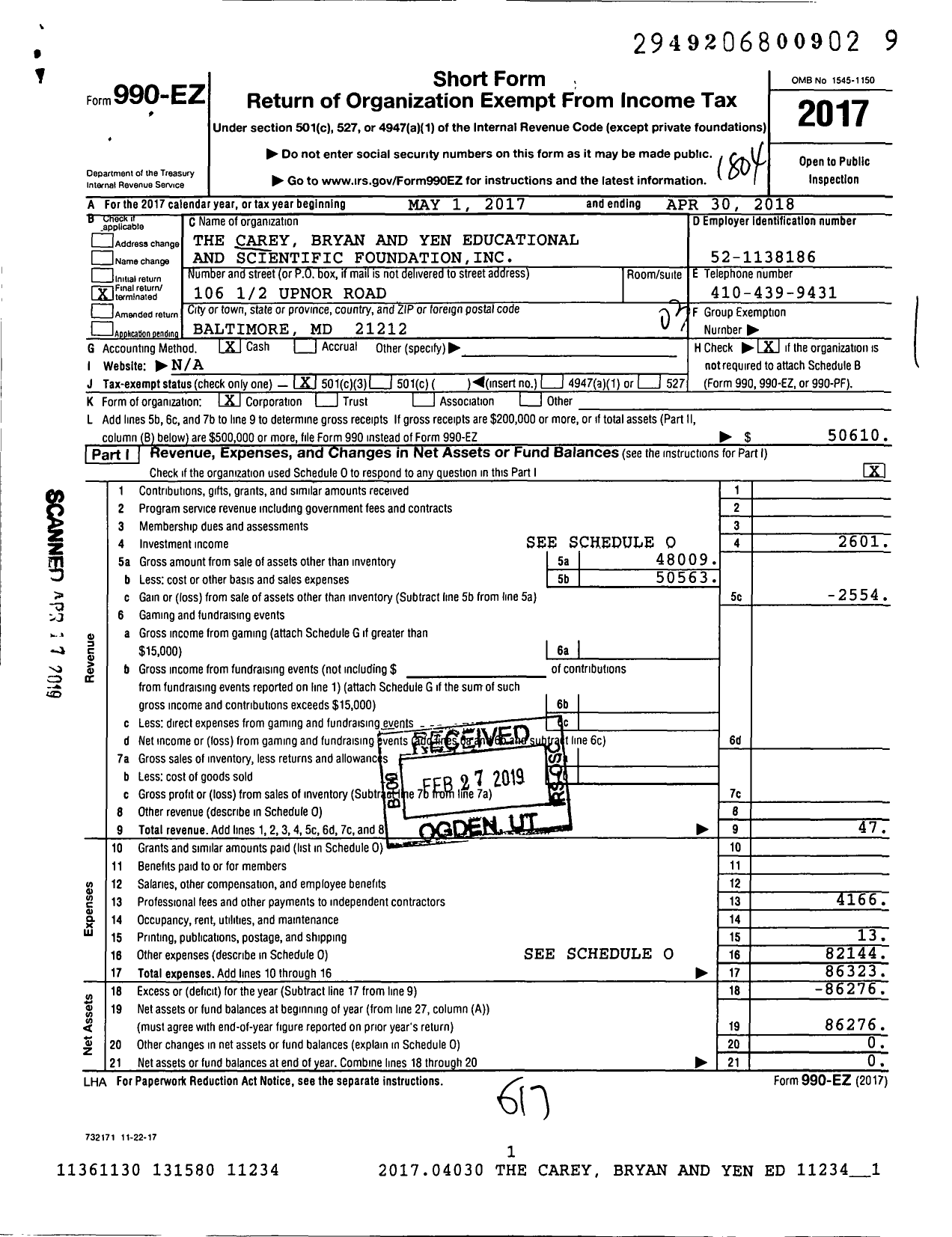 Image of first page of 2017 Form 990EZ for Carey Bryan and Yen Educational and Scientific Foundation