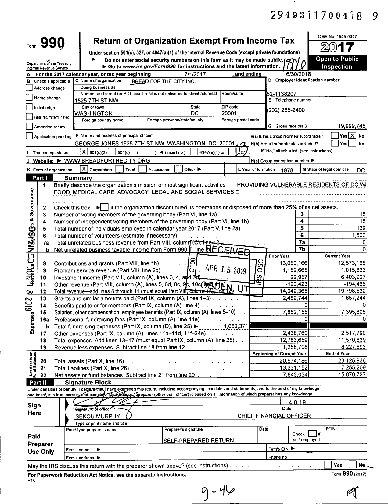 Image of first page of 2017 Form 990 for Bread for the City