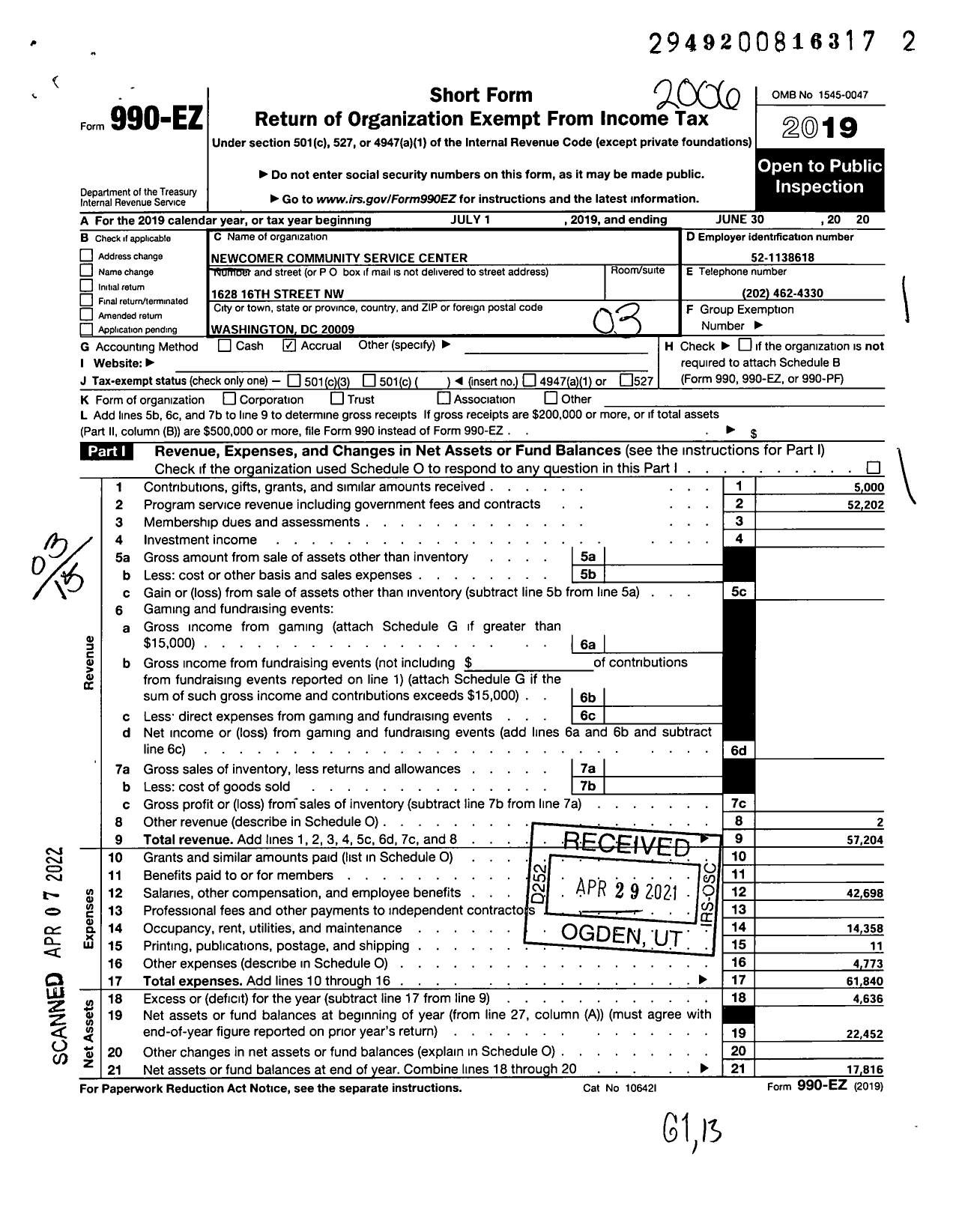 Image of first page of 2019 Form 990EZ for Newcomer Community Service Center