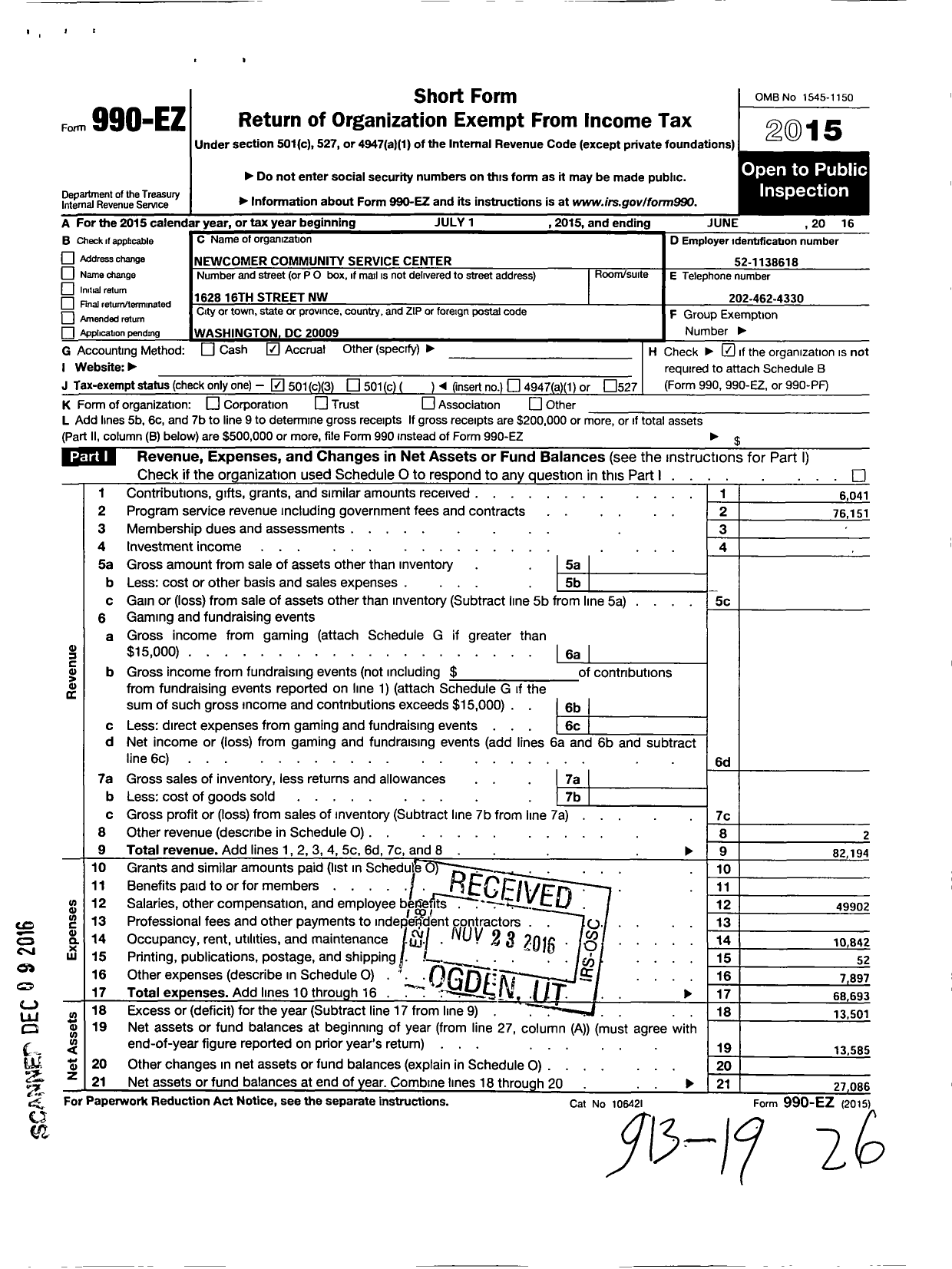Image of first page of 2015 Form 990EZ for Newcomer Community Service Center