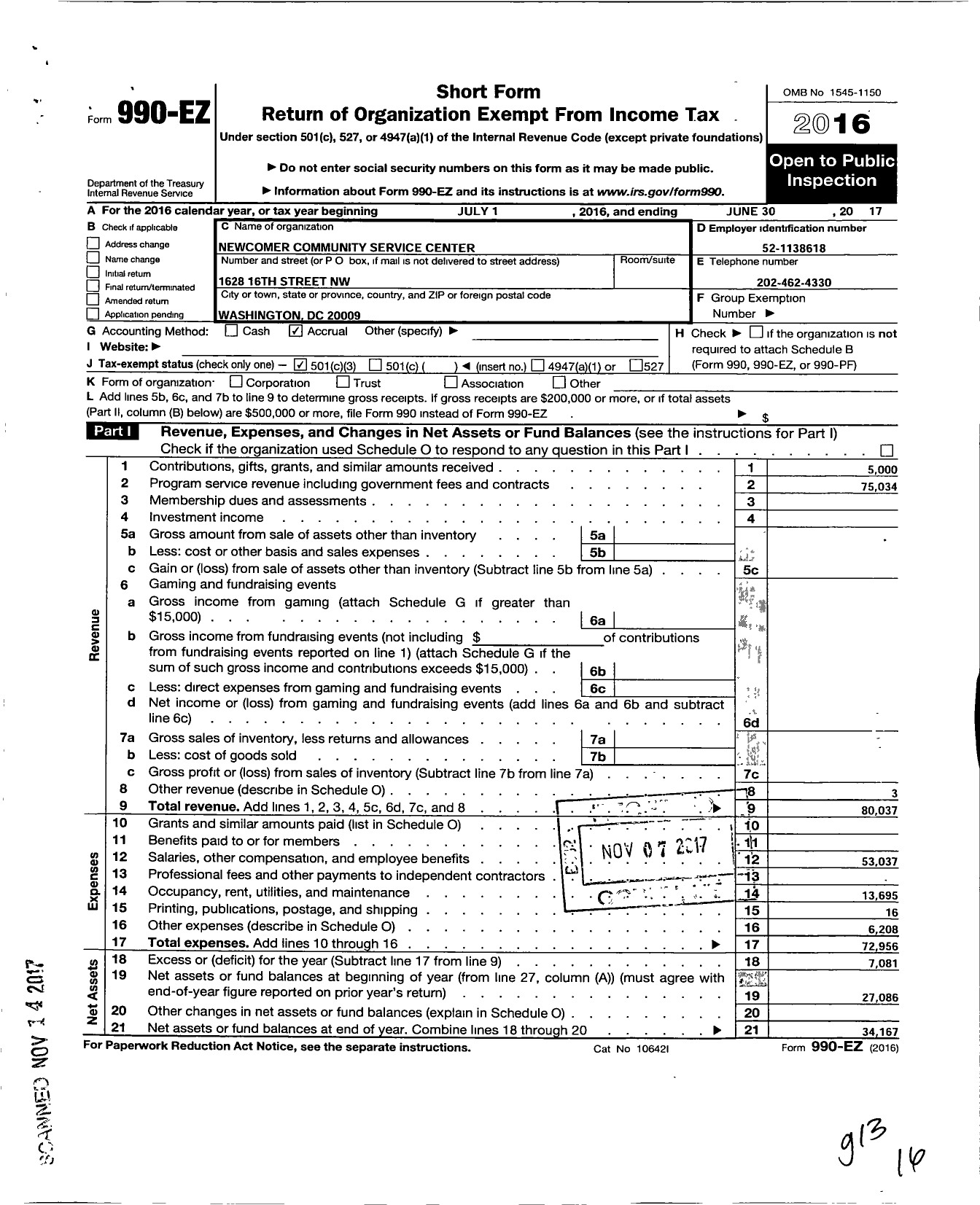 Image of first page of 2016 Form 990EZ for Newcomer Community Service Center