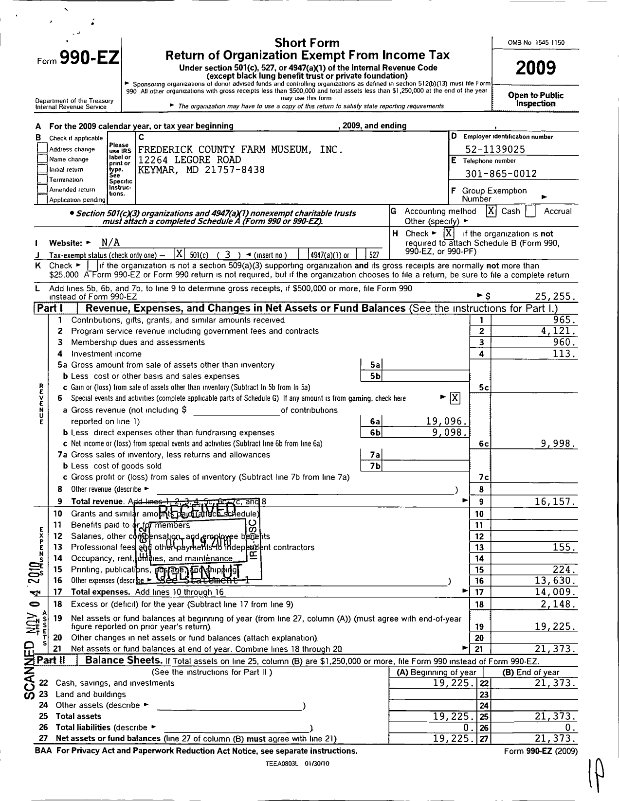 Image of first page of 2009 Form 990EZ for The Frederick County Farm Museum Association