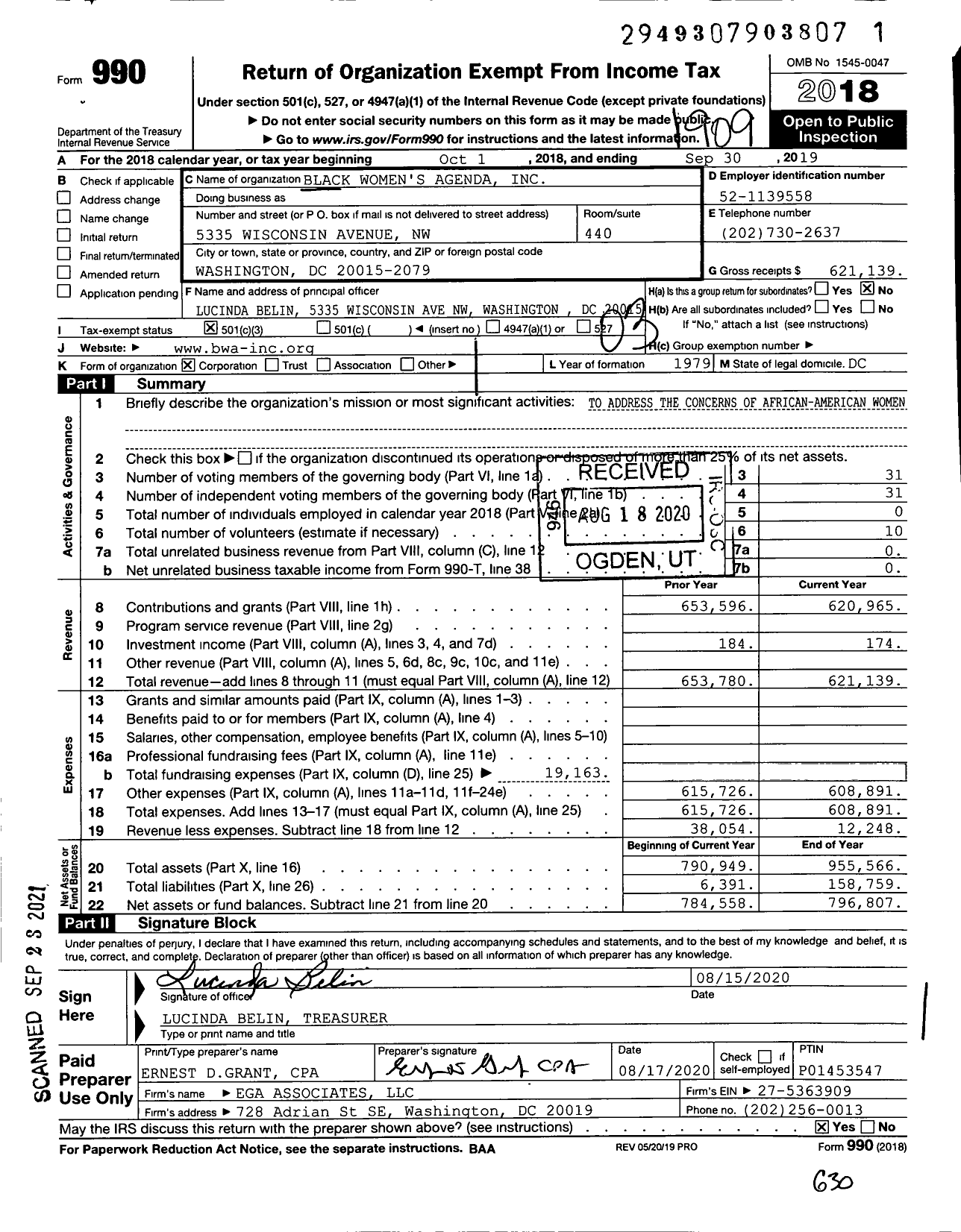 Image of first page of 2018 Form 990 for Black Women's Agenda