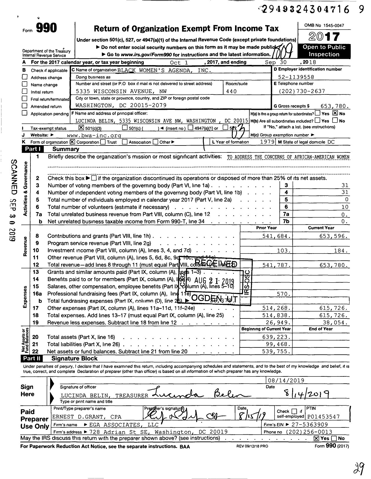 Image of first page of 2017 Form 990 for Black Women's Agenda