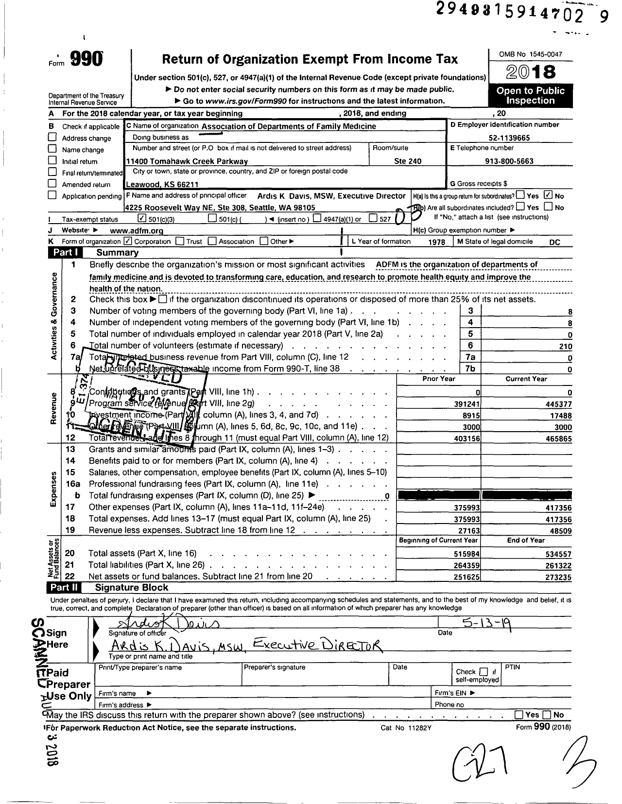 Image of first page of 2018 Form 990 for Association of Departments of Family Medicine