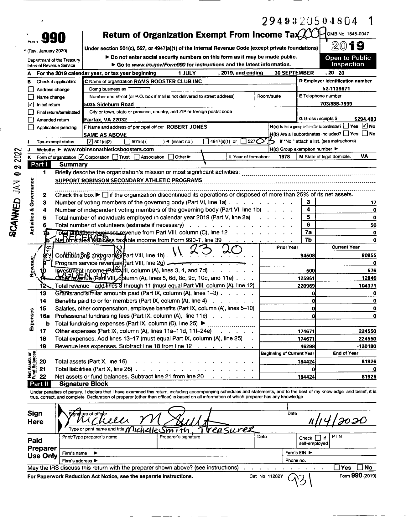 Image of first page of 2019 Form 990 for Rams Boosters Club