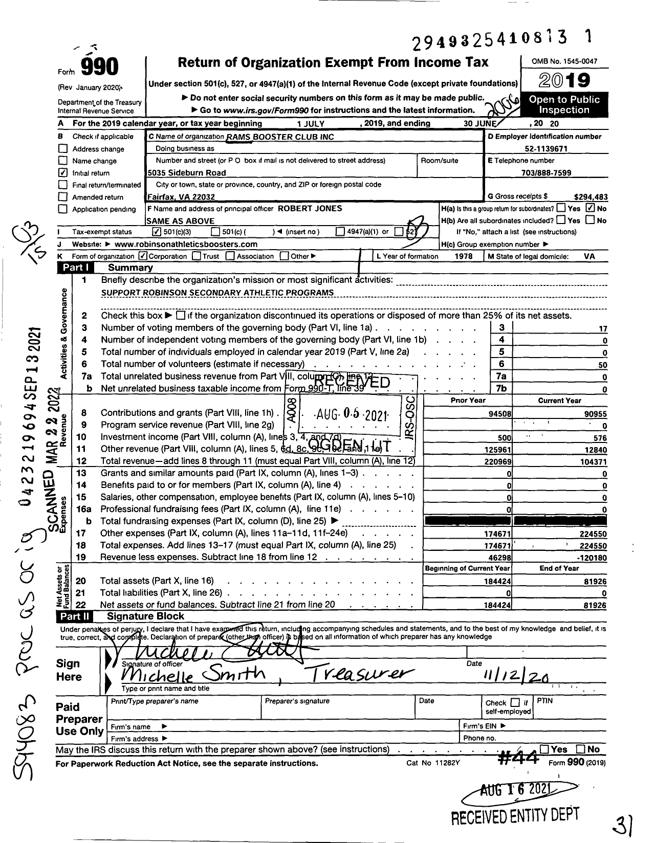 Image of first page of 2019 Form 990 for Rams Boosters Club