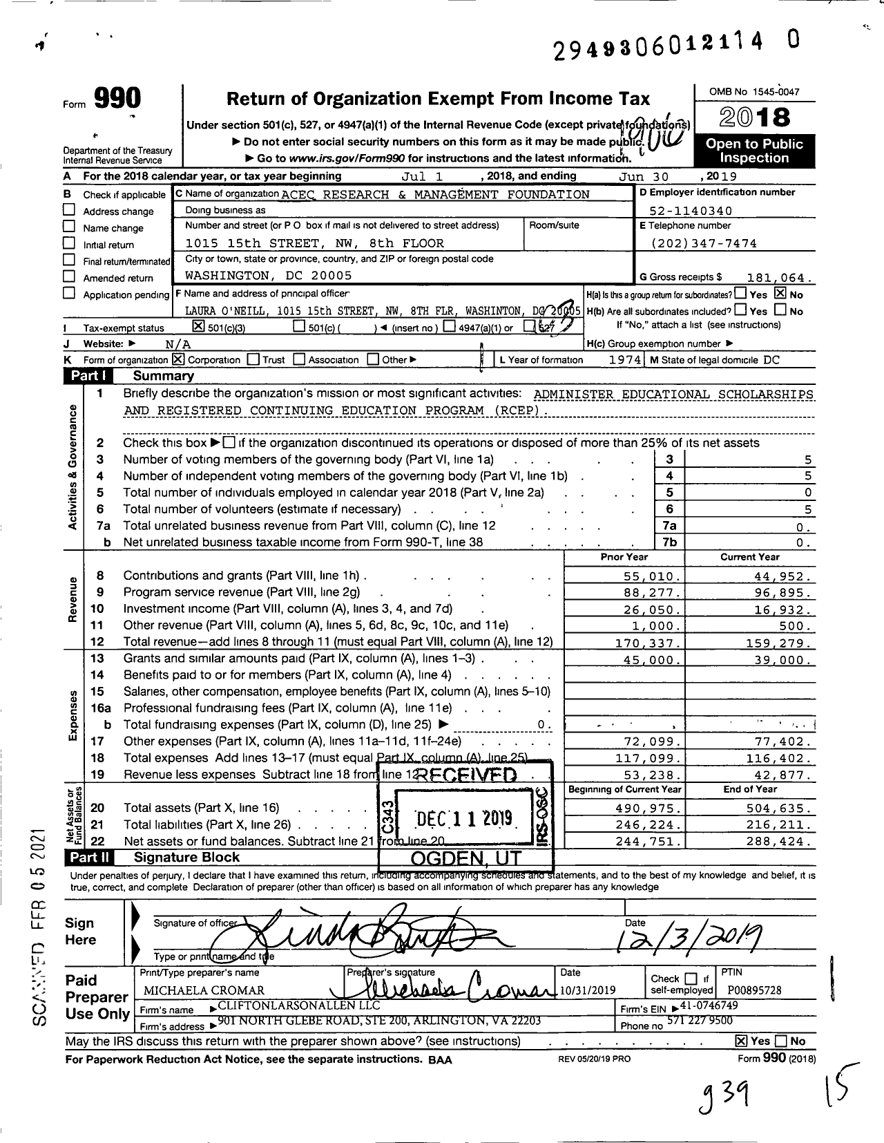 Image of first page of 2018 Form 990 for Acec Research Institute