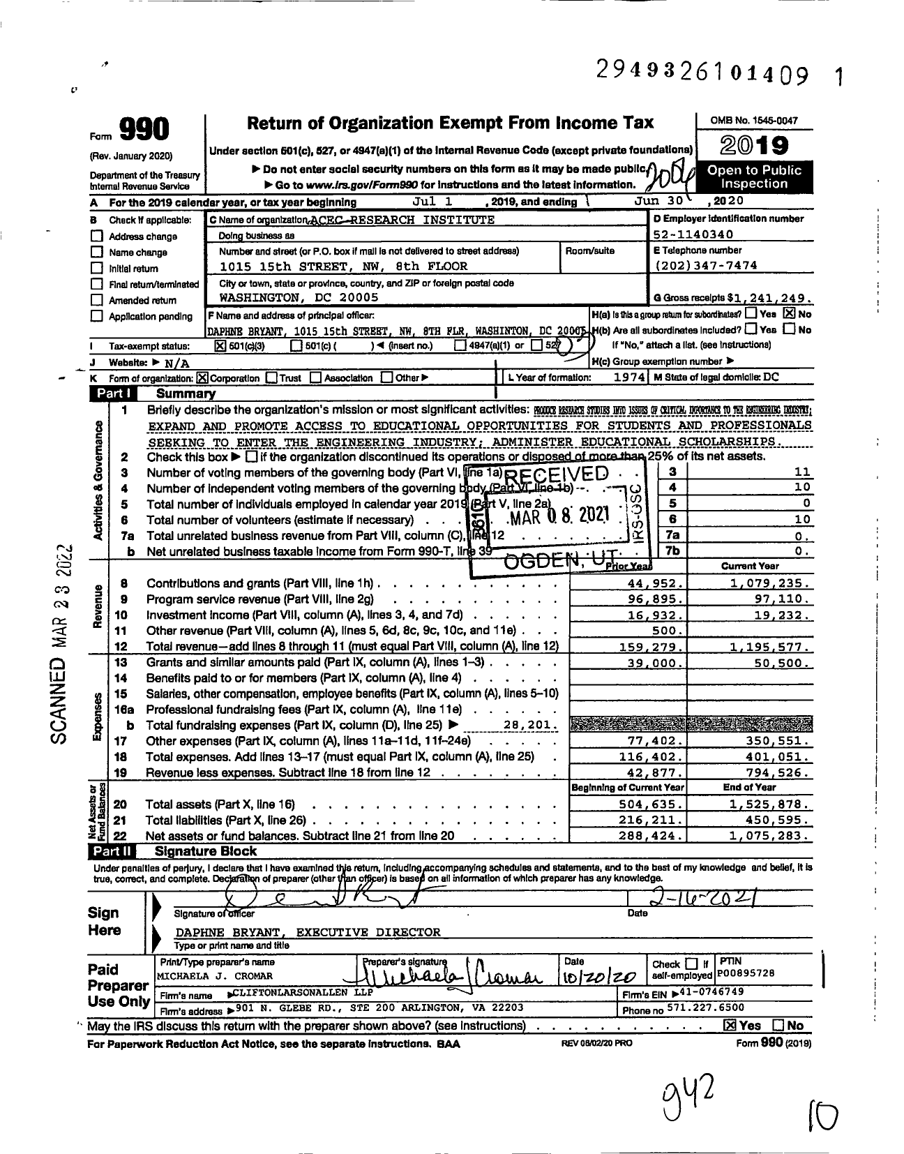 Image of first page of 2019 Form 990 for Acec Research Institute