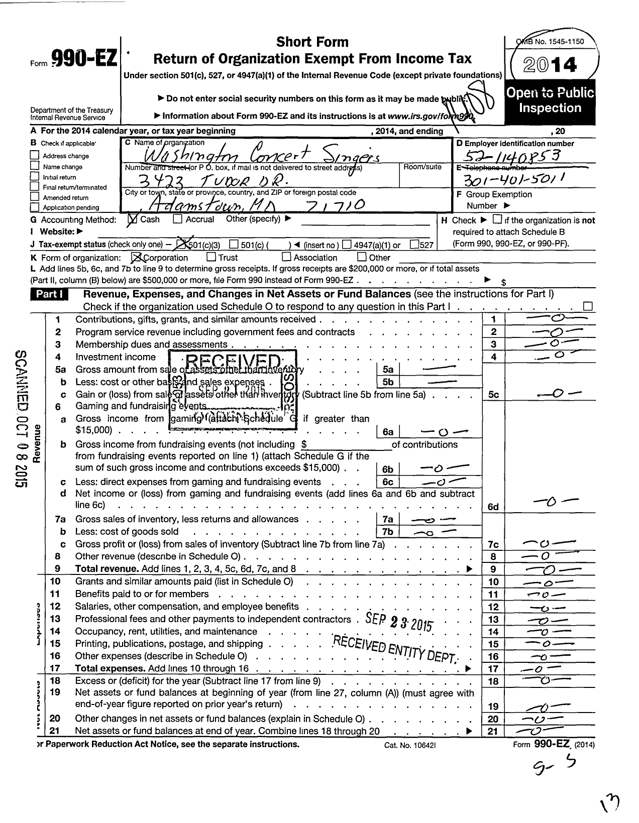 Image of first page of 2013 Form 990EZ for Washington Concert Singers