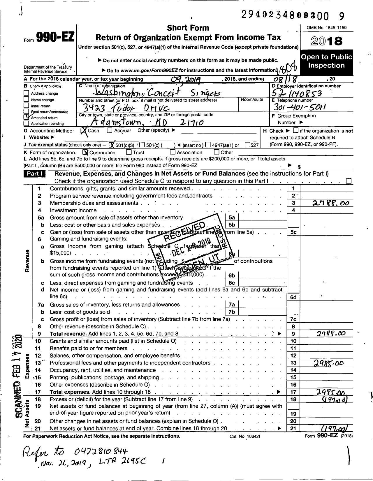 Image of first page of 2017 Form 990EZ for Washington Concert Singers