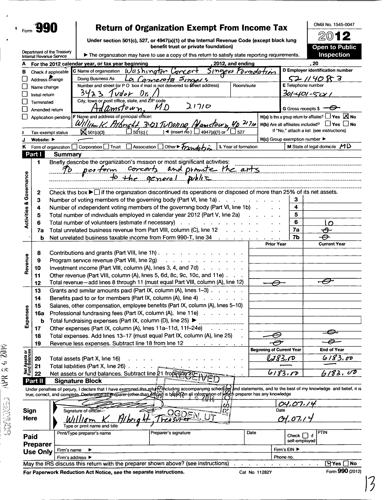 Image of first page of 2012 Form 990 for Washington Concert Singers