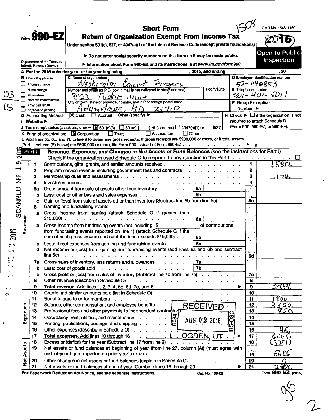 Image of first page of 2014 Form 990EZ for Washington Concert Singers