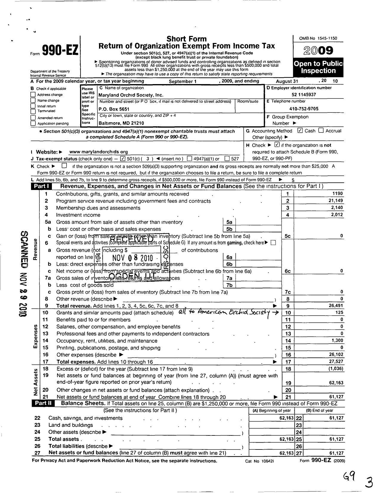 Image of first page of 2009 Form 990EZ for Maryland Orchid Society