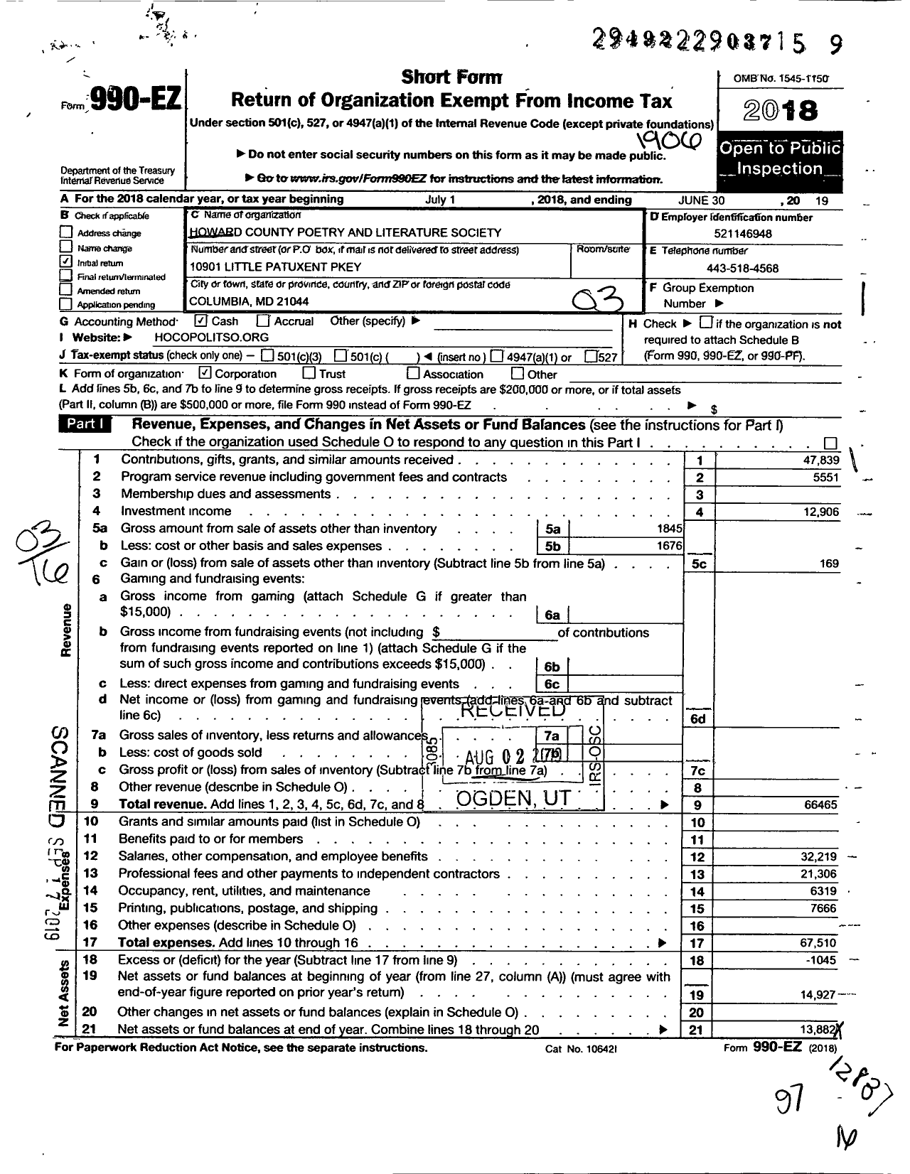 Image of first page of 2018 Form 990EZ for Howard County Poetry and Literary Society