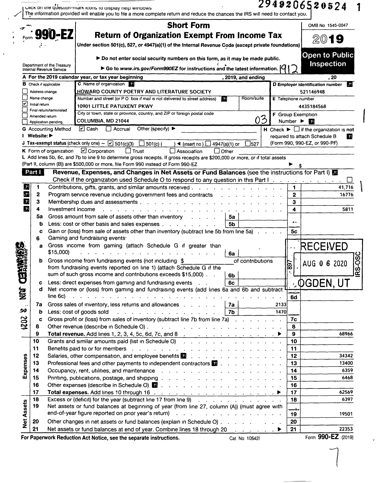 Image of first page of 2019 Form 990EZ for Howard County Poetry and Literary Society