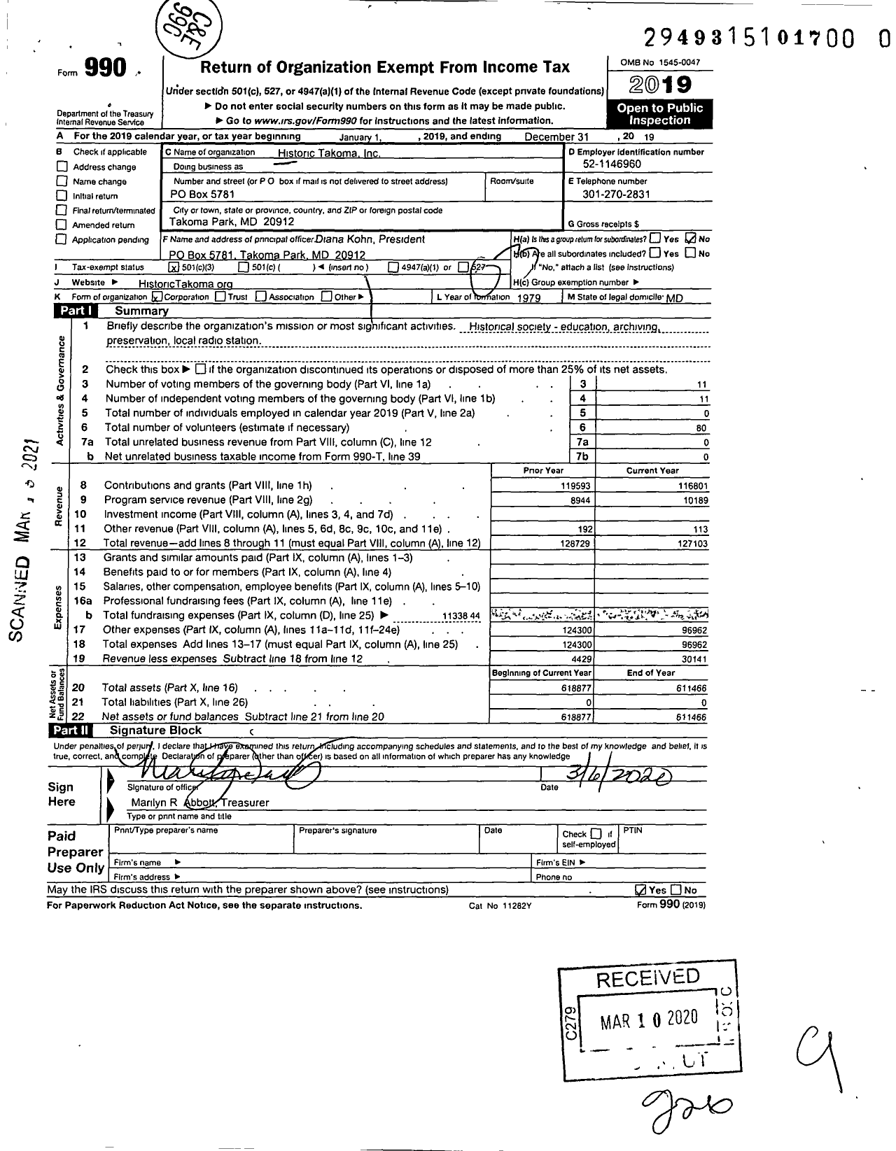 Image of first page of 2019 Form 990 for Historic Takoma