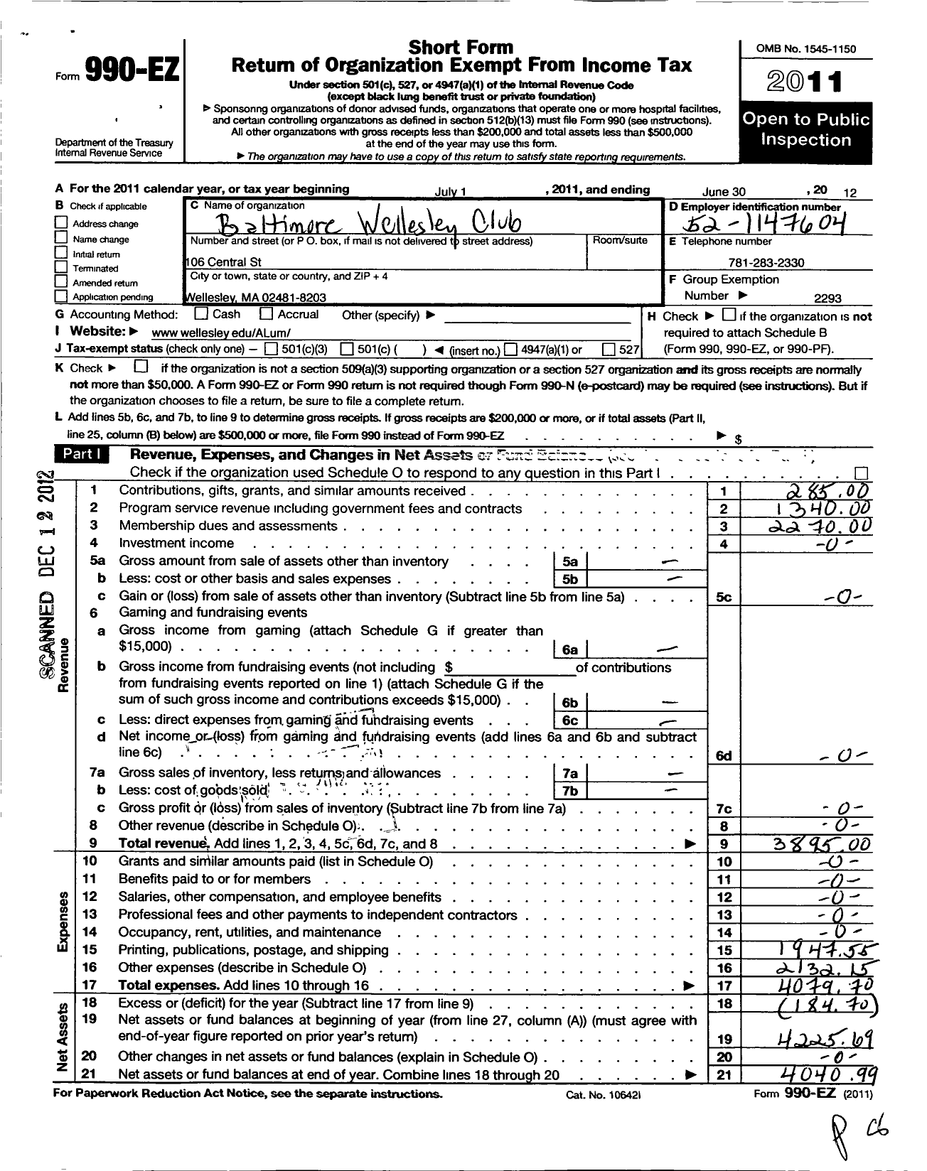 Image of first page of 2011 Form 990EO for Wellesley College Alumnae Association / Baltimore Wellesley Club