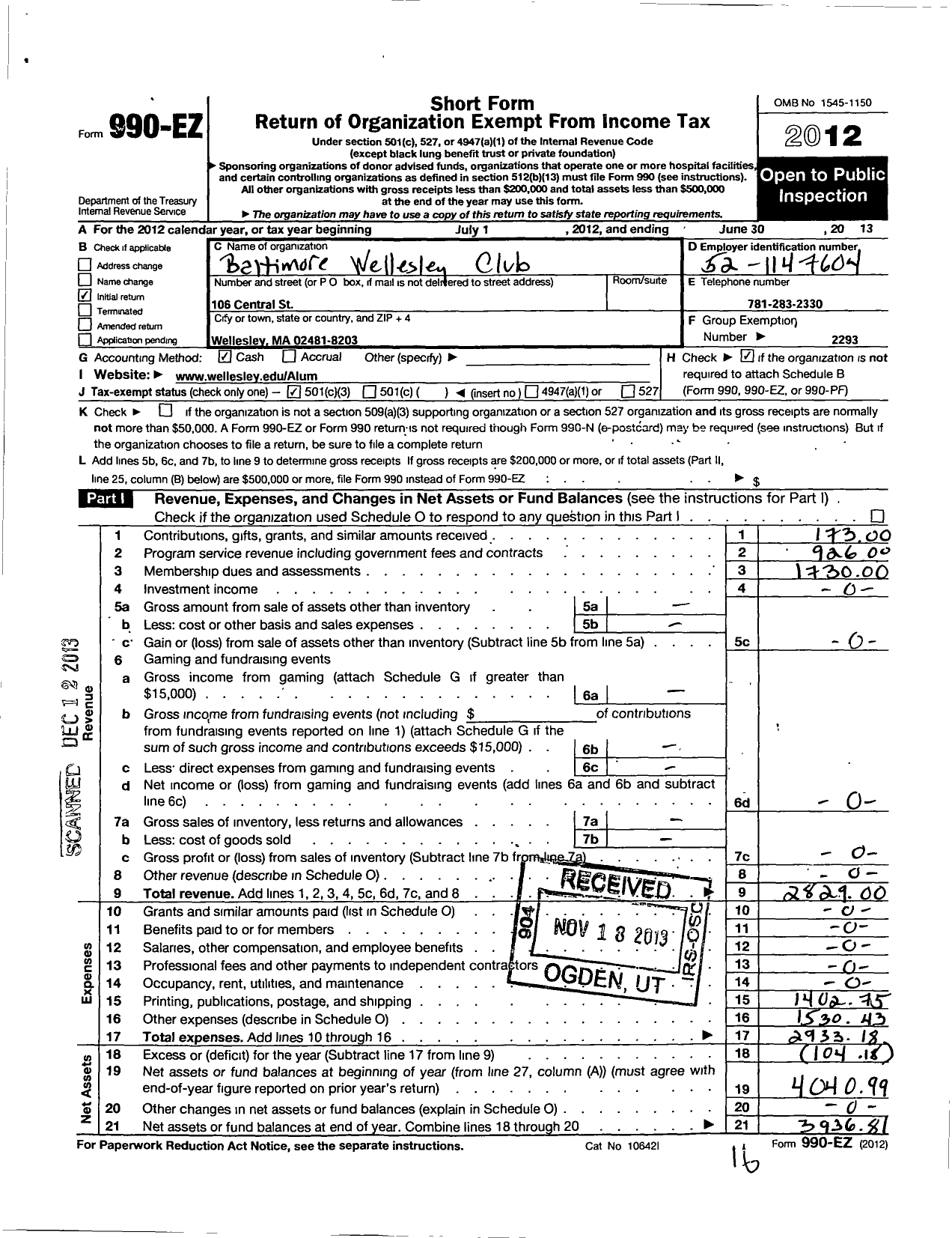 Image of first page of 2012 Form 990EZ for Wellesley College Alumnae Association / Baltimore Wellesley Club