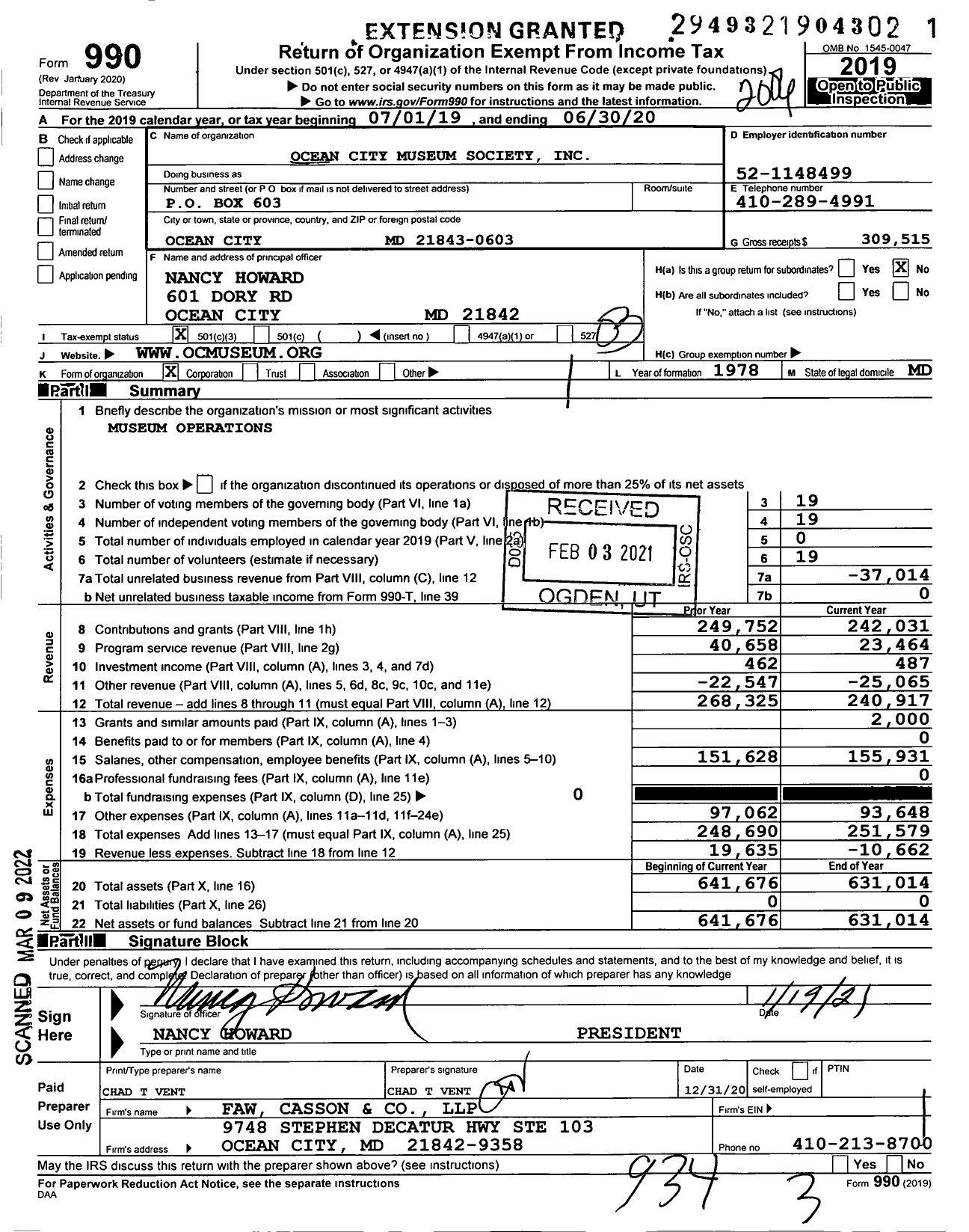 Image of first page of 2019 Form 990 for Ocean City Museum Society