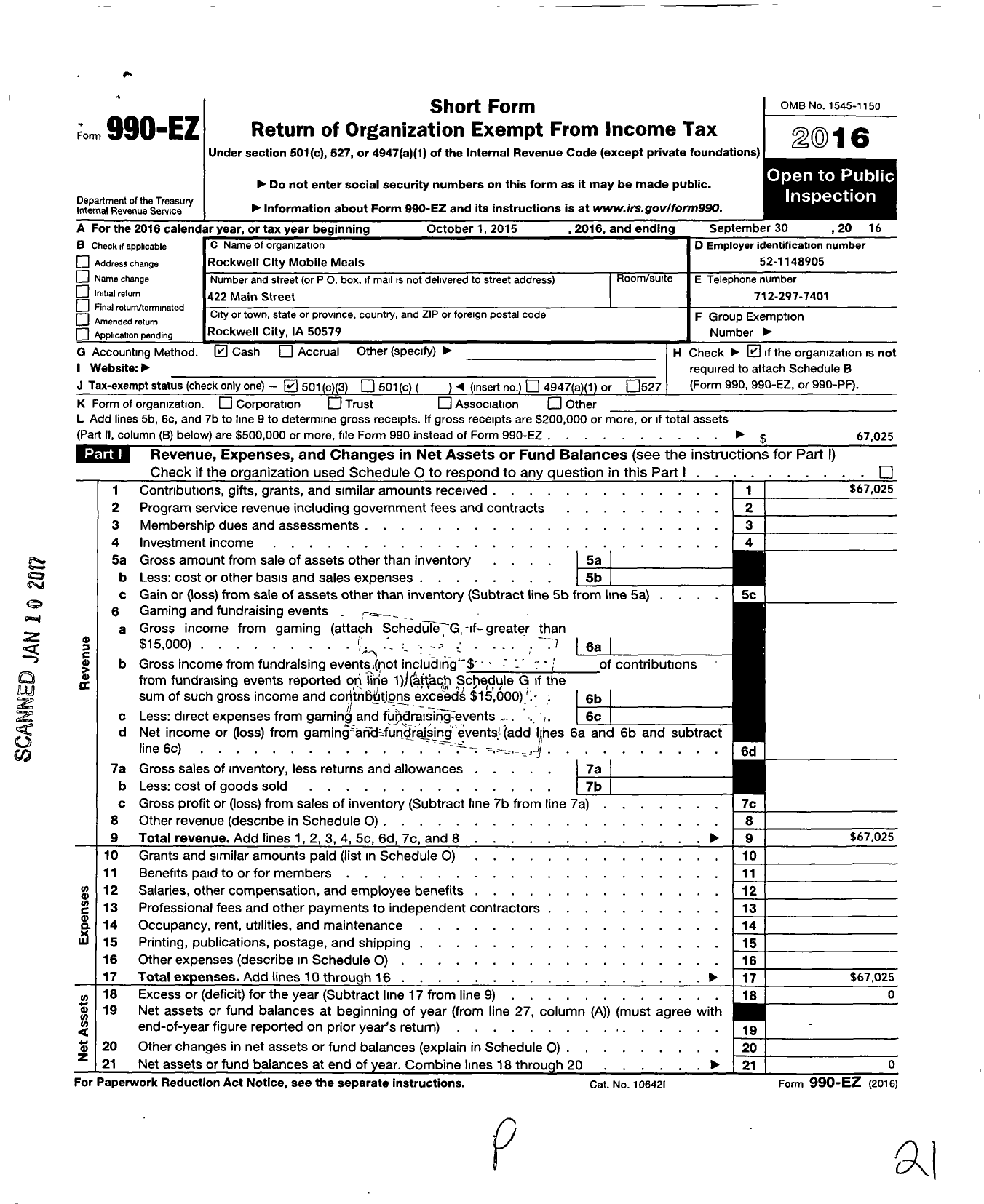 Image of first page of 2015 Form 990EZ for Rockwell City Mobile Meals