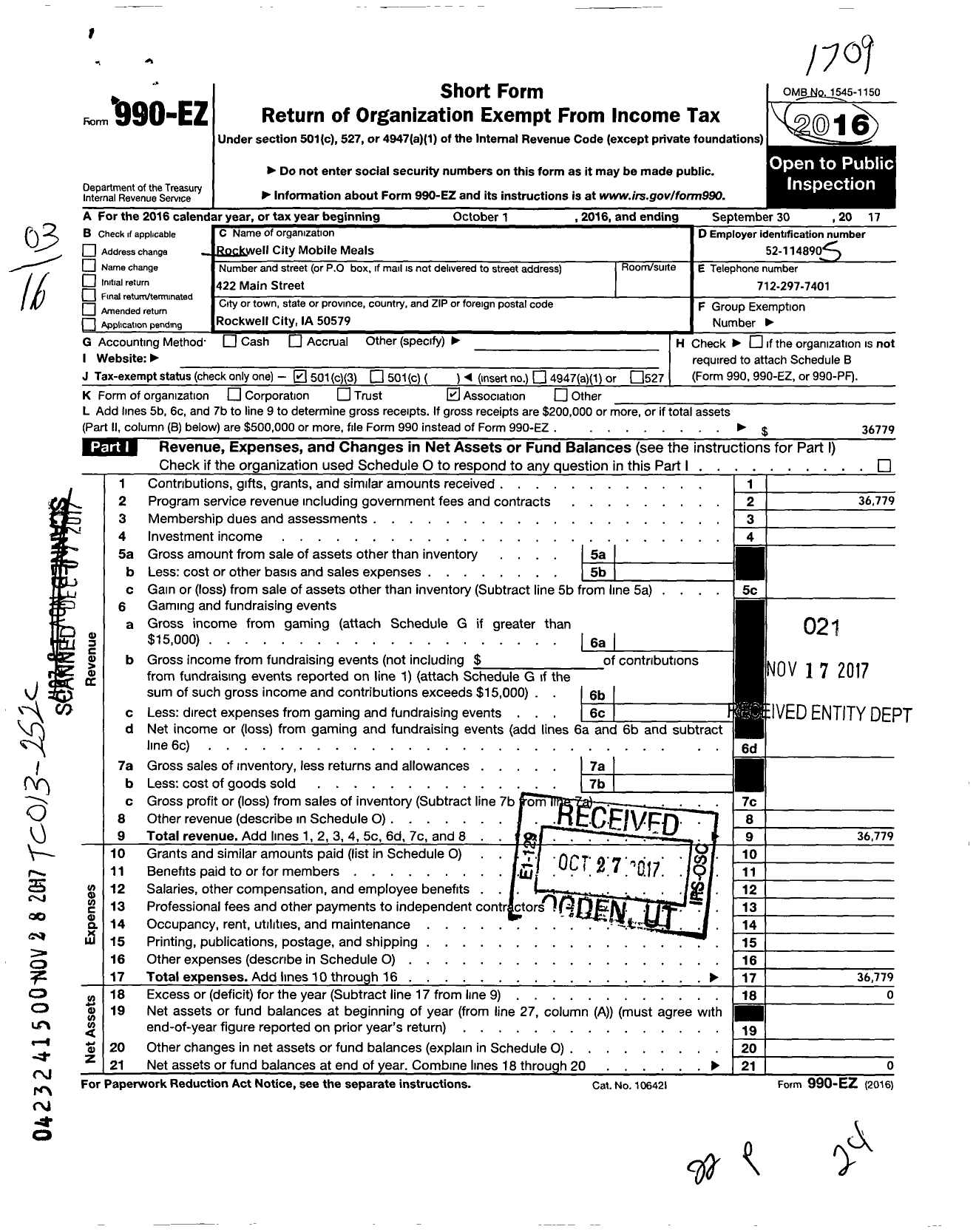 Image of first page of 2016 Form 990EZ for Rockwell City Mobile Meals