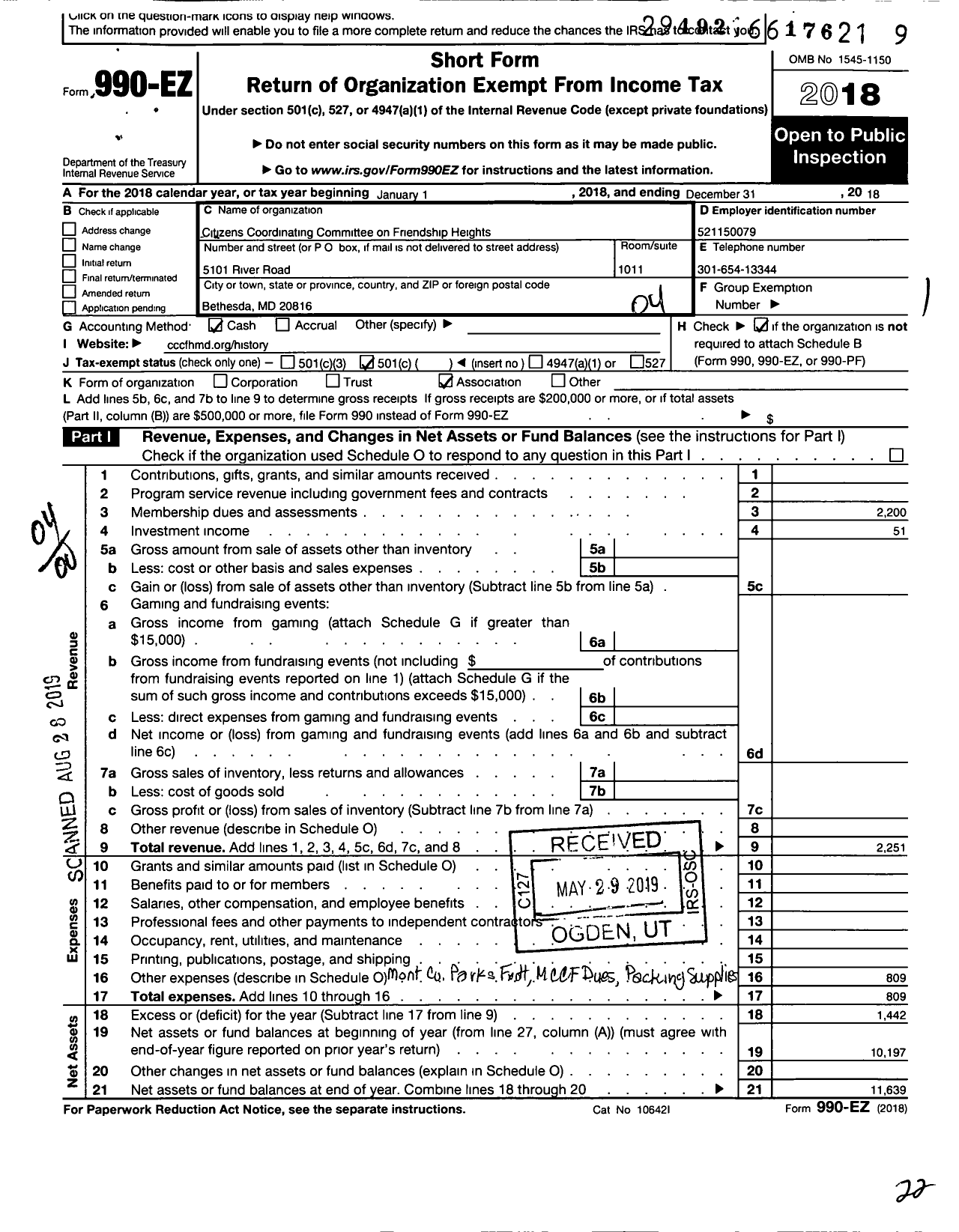 Image of first page of 2018 Form 990EO for Citizens Coordinating Committee of Friendship Heights