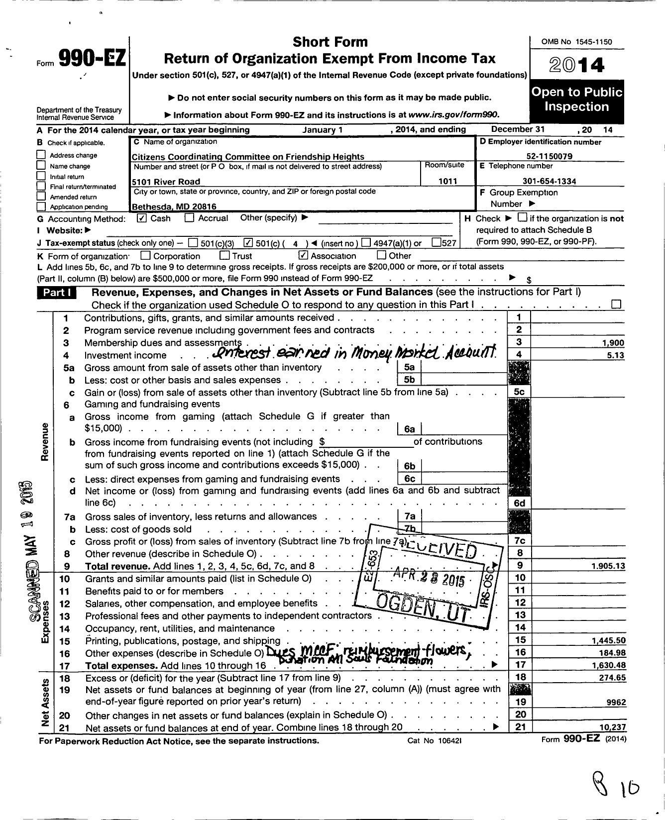 Image of first page of 2014 Form 990EO for Citizens Coordinating Committee of Friendship Heights