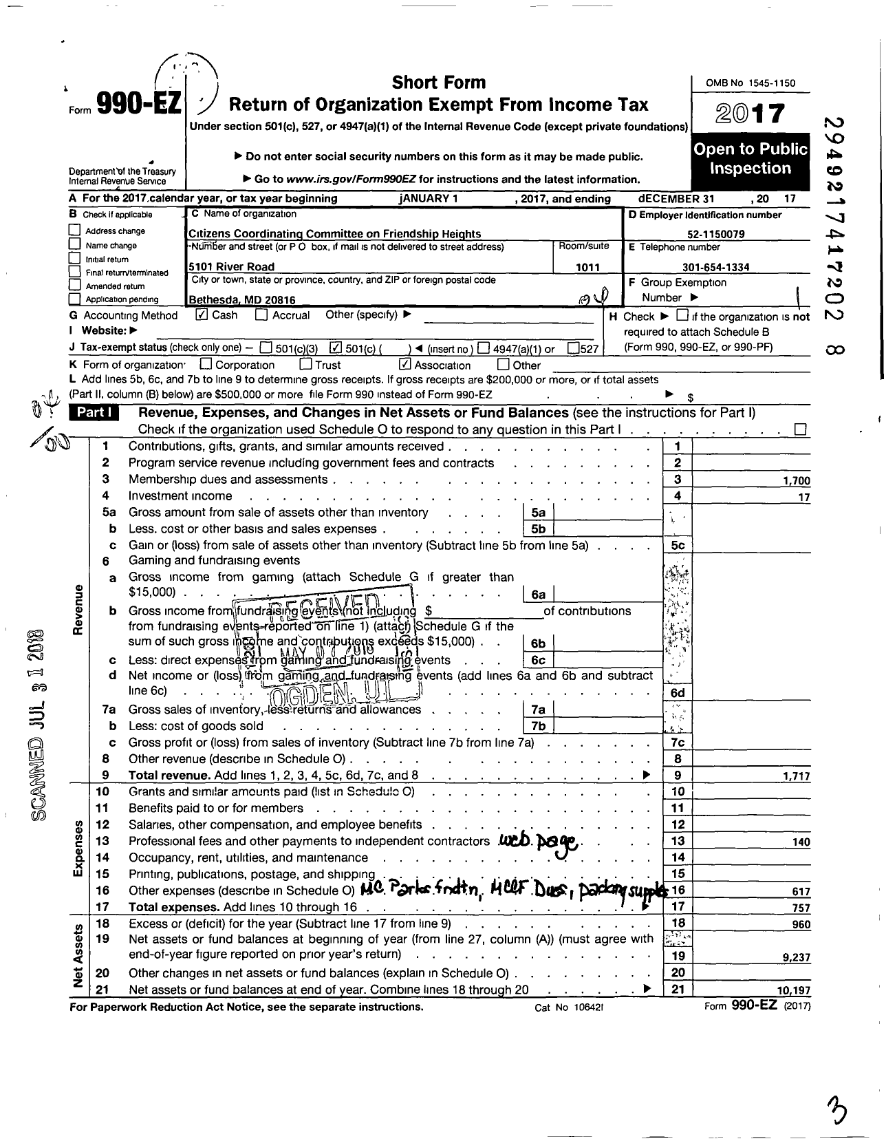 Image of first page of 2017 Form 990EO for Citizens Coordinating Committee of Friendship Heights