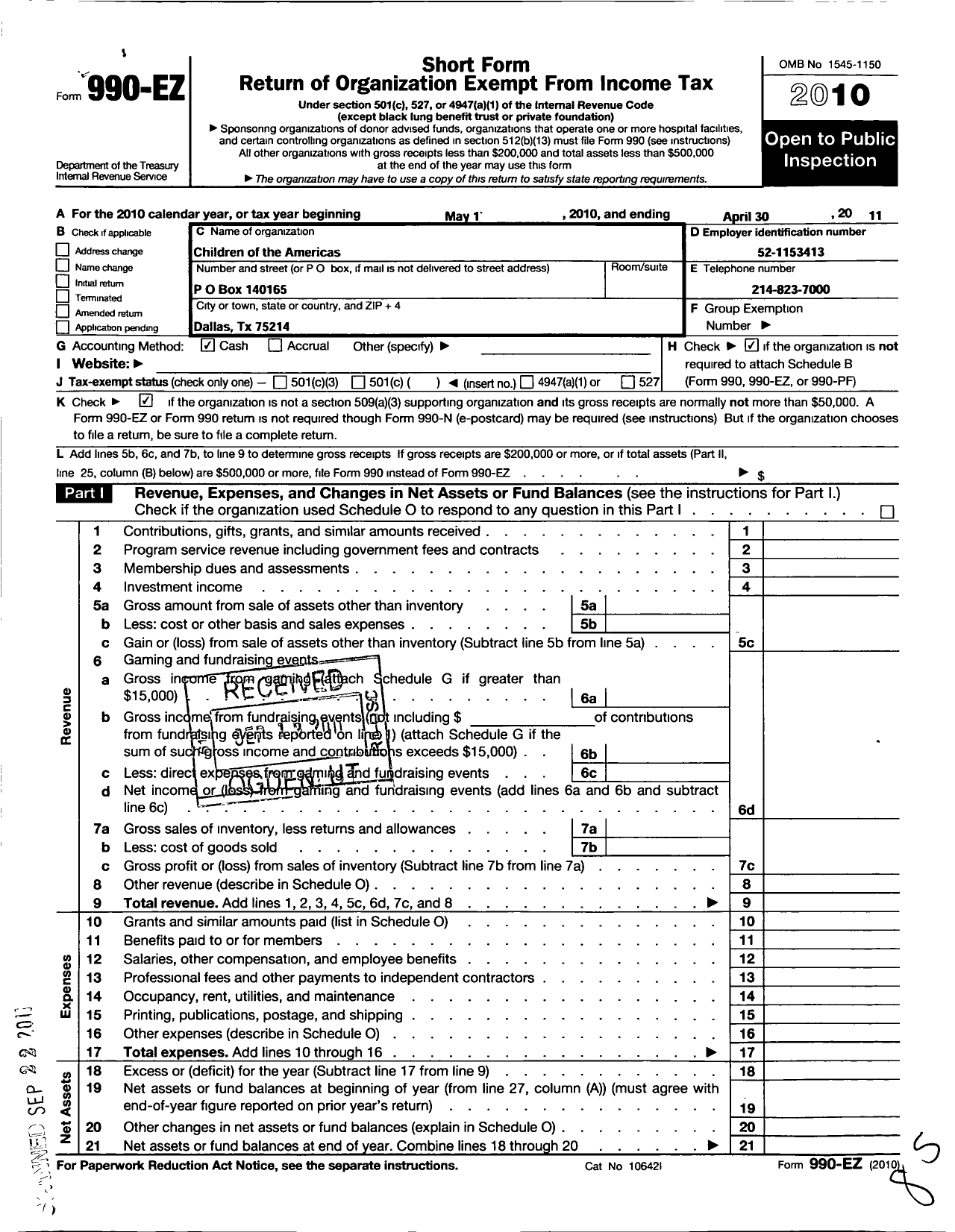 Image of first page of 2010 Form 990EO for Children of the Americas Ninos de Las Americas