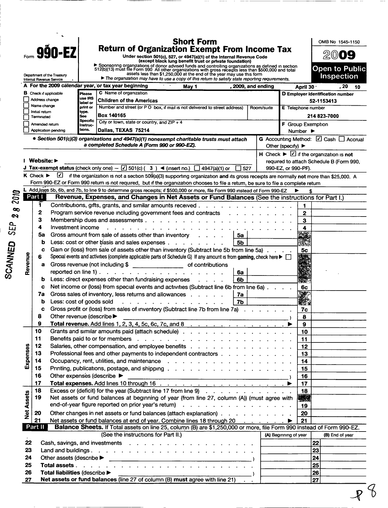 Image of first page of 2009 Form 990EZ for Children of the Americas Ninos de Las Americas