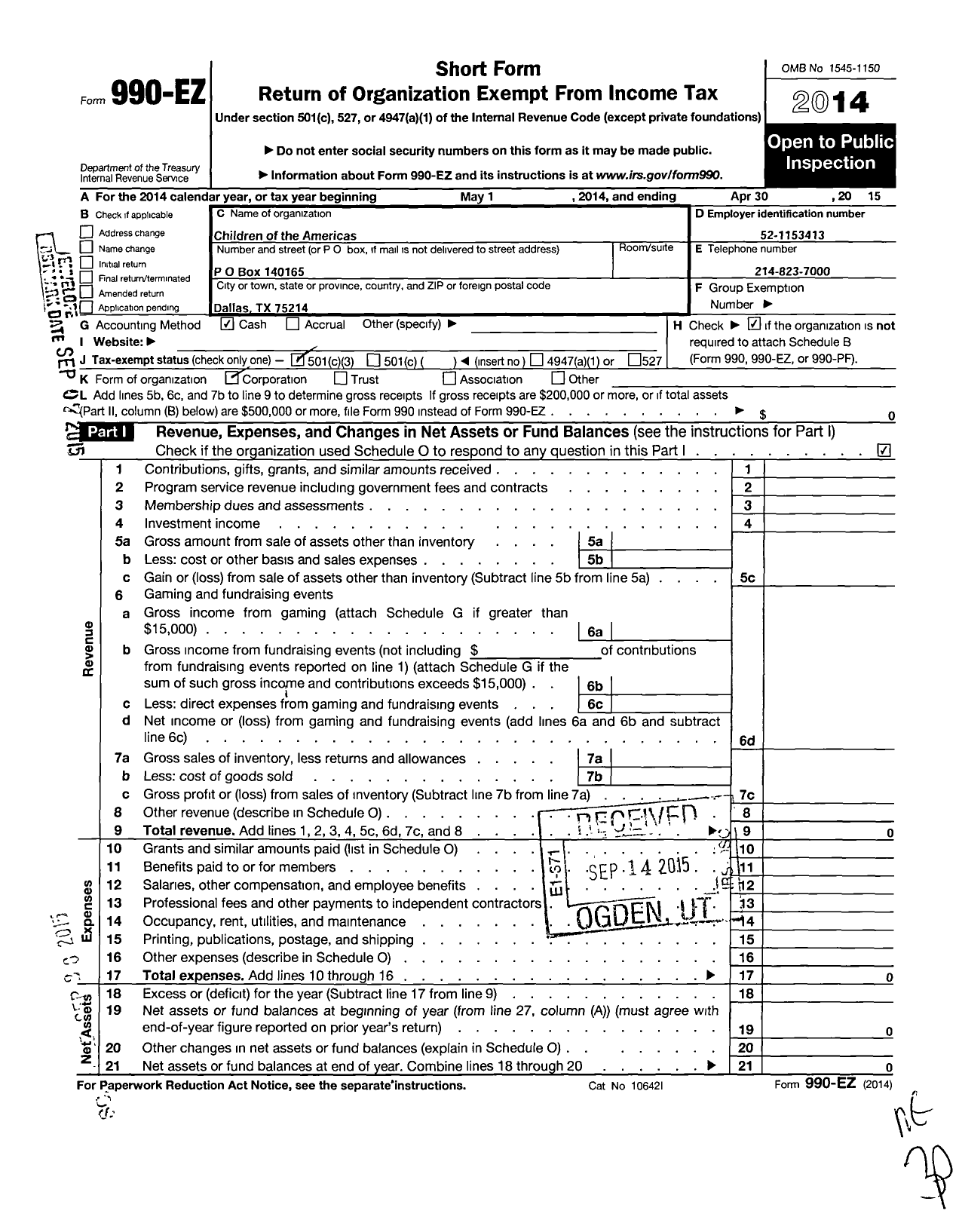 Image of first page of 2014 Form 990EZ for Children of the Americas Ninos de Las Americas