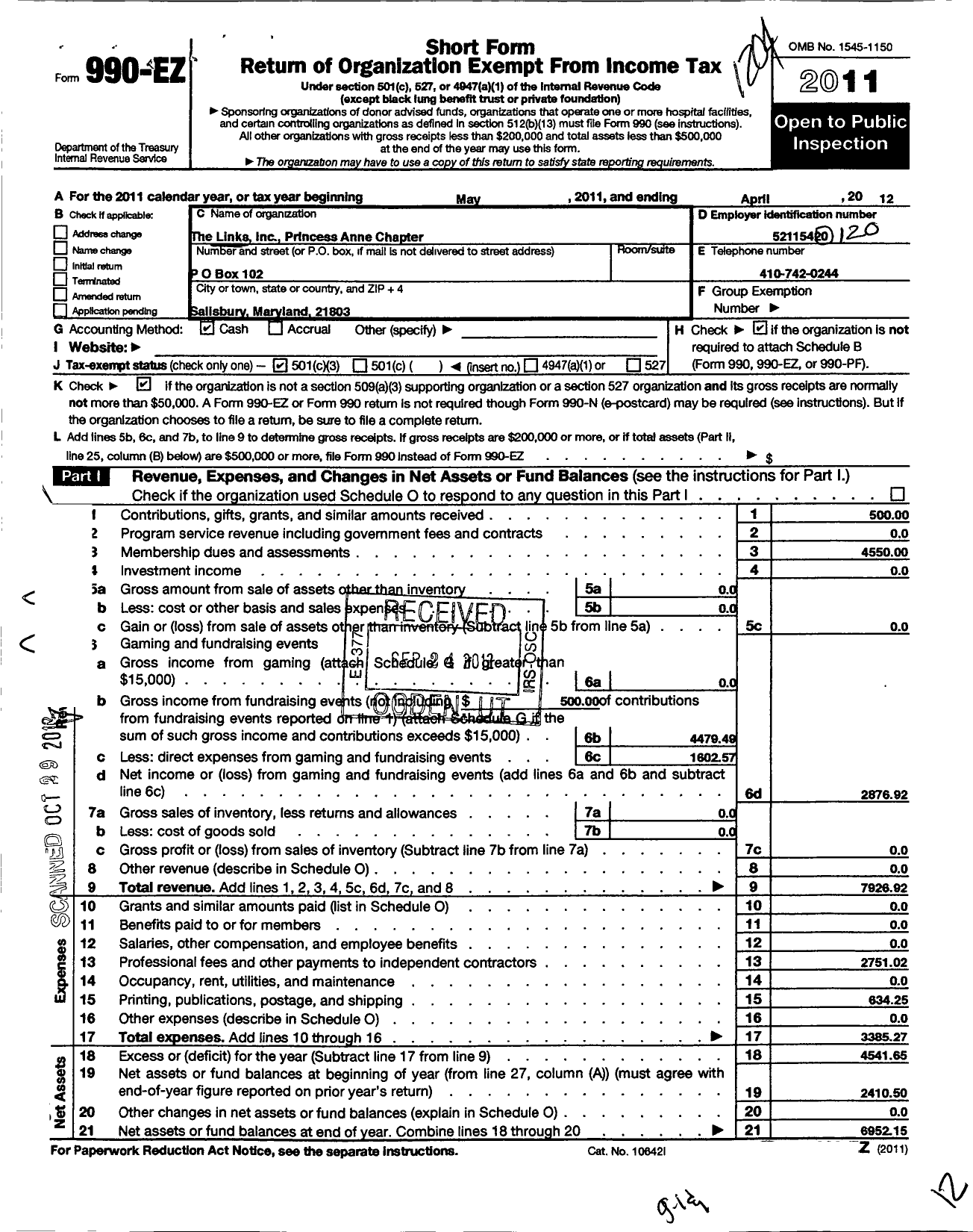 Image of first page of 2011 Form 990EZ for Links / Princess Anne Chapter