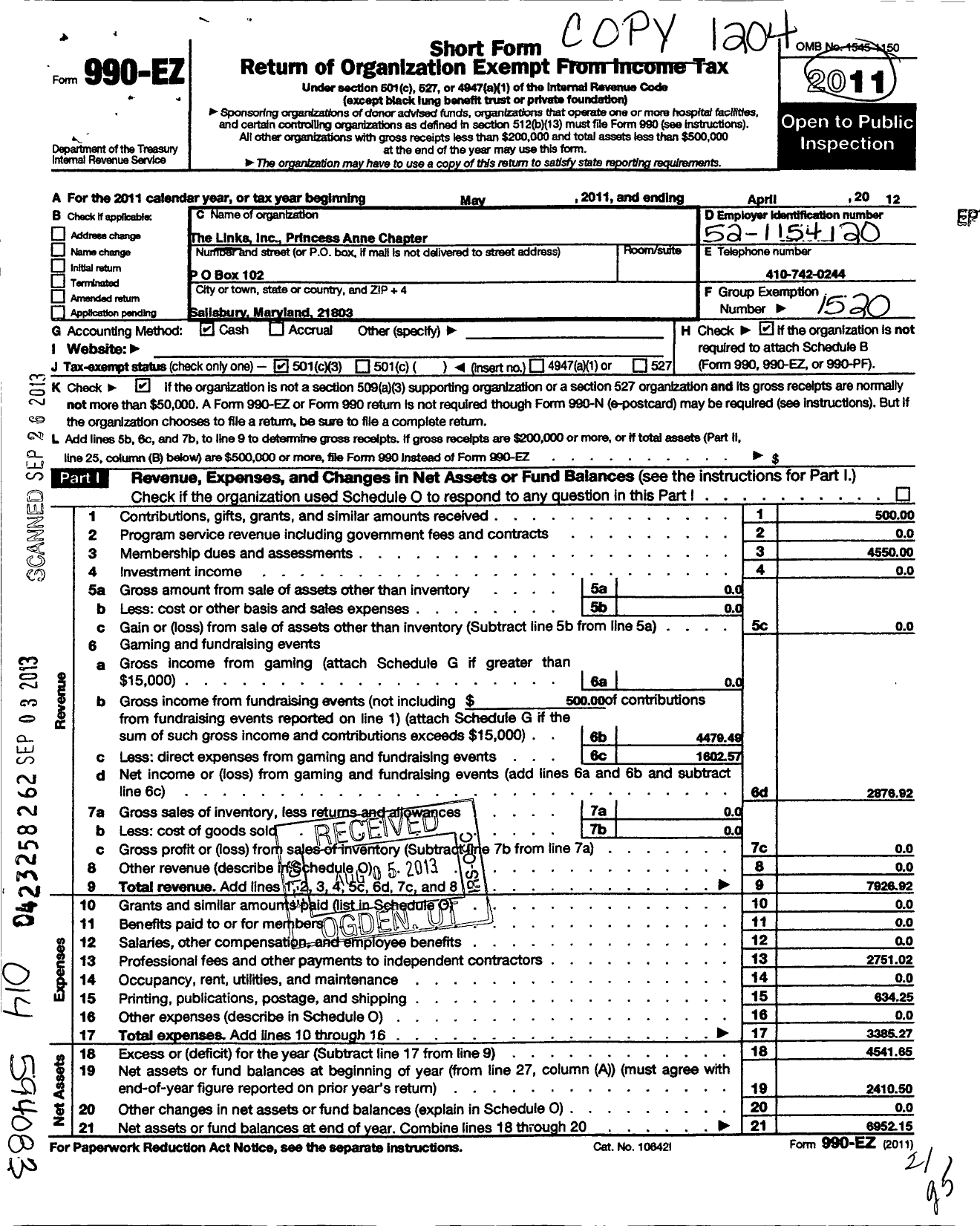 Image of first page of 2011 Form 990EZ for Links / Princess Anne Chapter