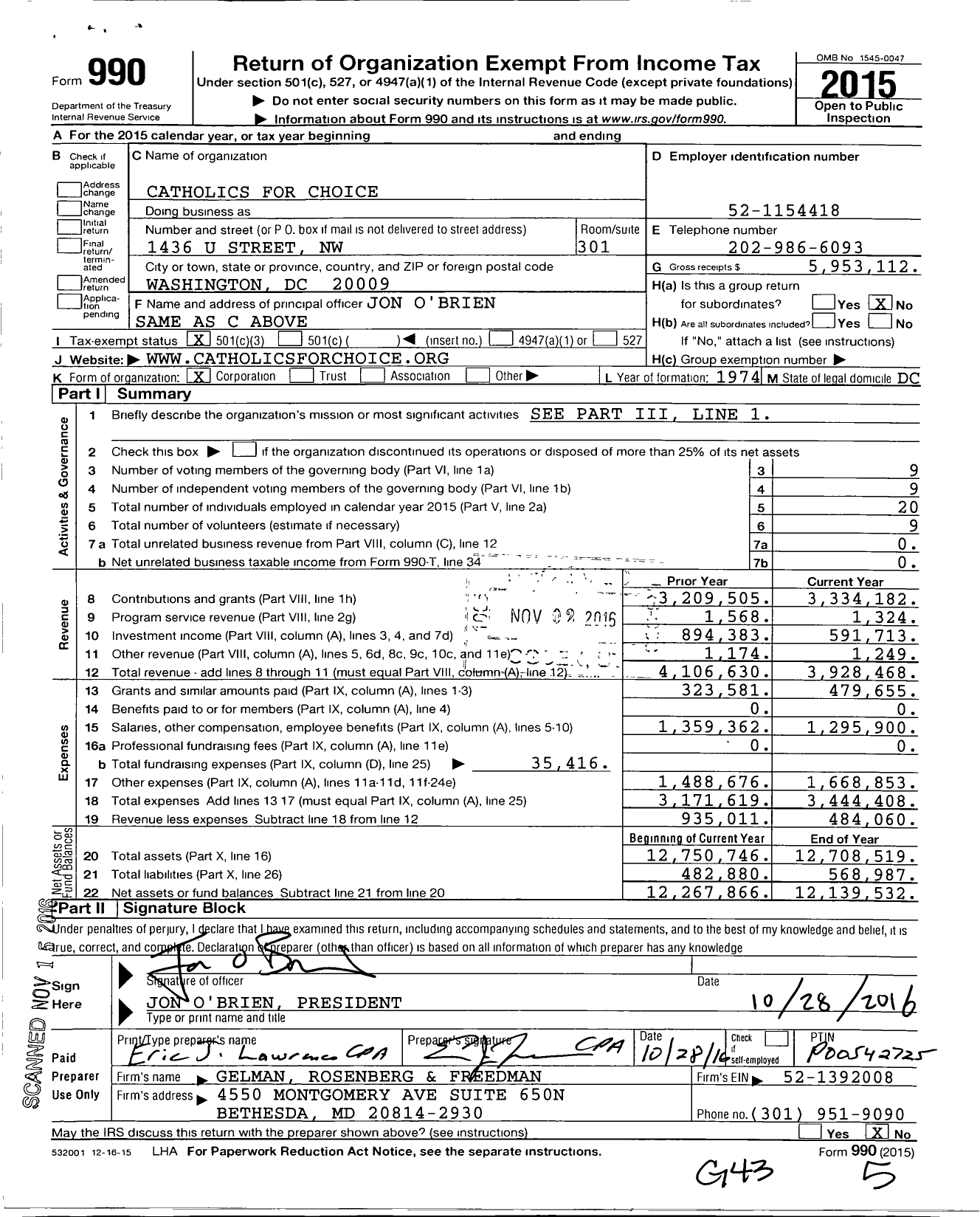 Image of first page of 2015 Form 990 for Catholics for Choice