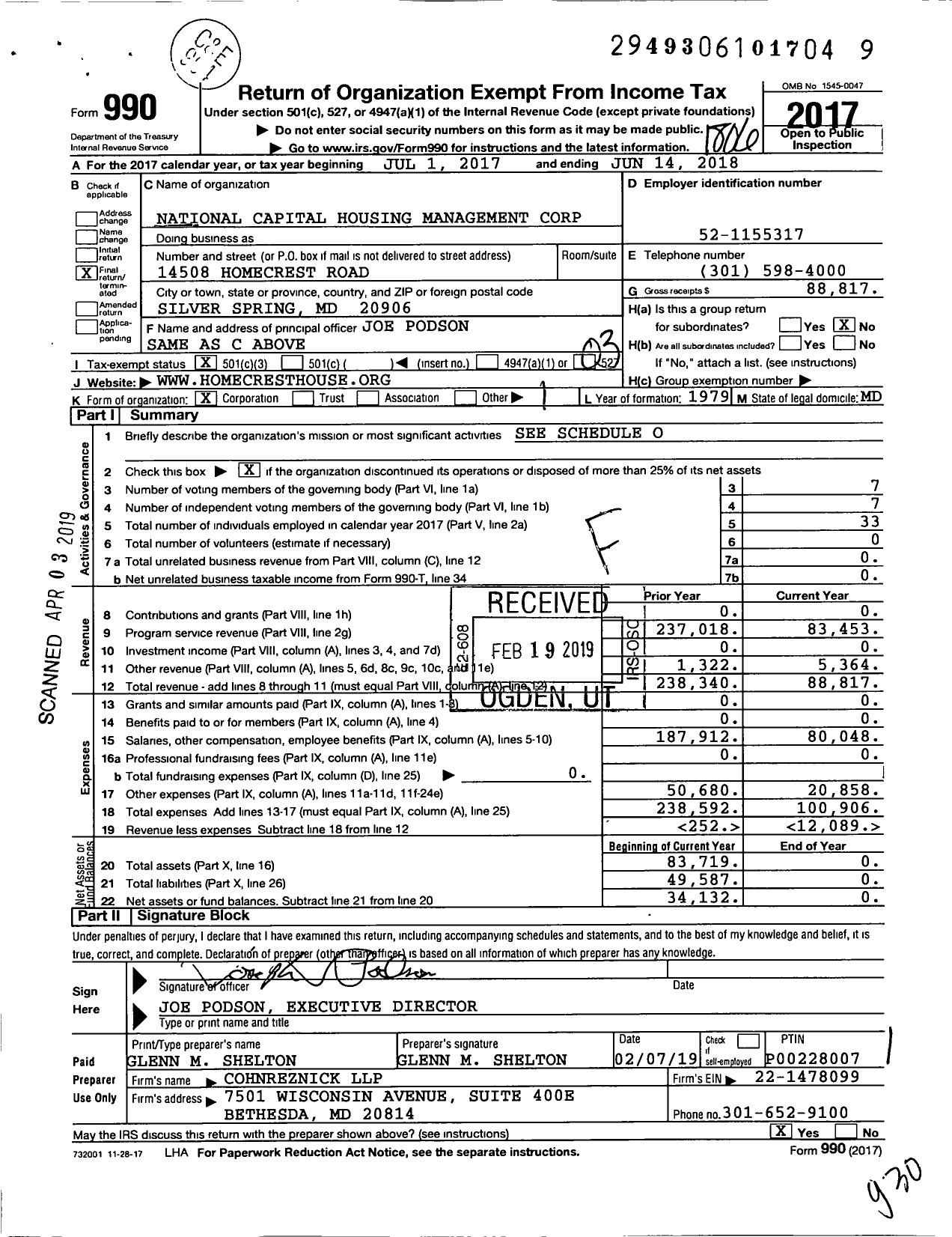 Image of first page of 2017 Form 990 for National Capital Housing Management Corporation