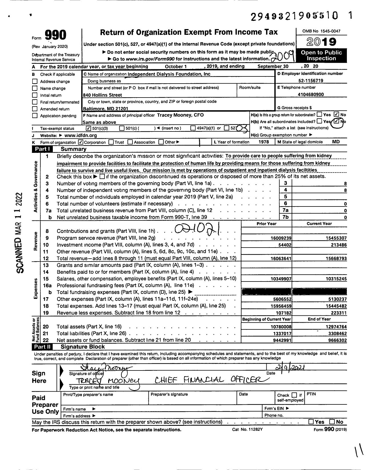 Image of first page of 2019 Form 990 for Independent Dialysis Foundation (IDF)