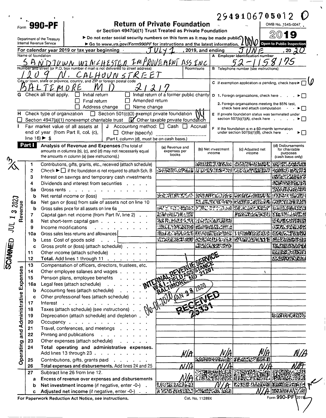 Image of first page of 2019 Form 990PR for Sandtown-Winchester Improvement Association